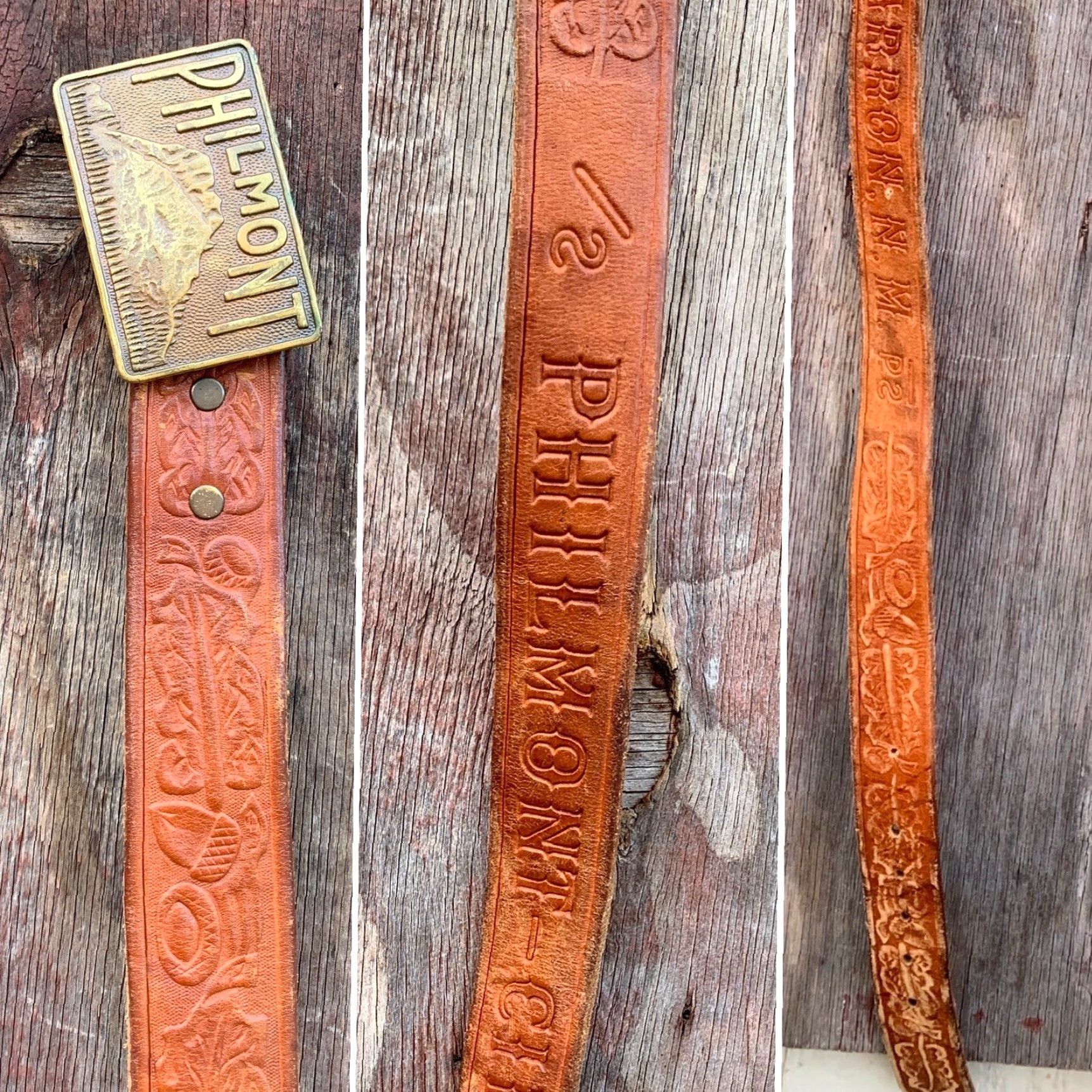Vintage Philmont Belt Buckle Bastian Bros Co Rochester NY 1939 Union Made Tooled Leather Belt Brown Men Vintage Cowboy Western Size ONE SIZE - 6 Thumbnail