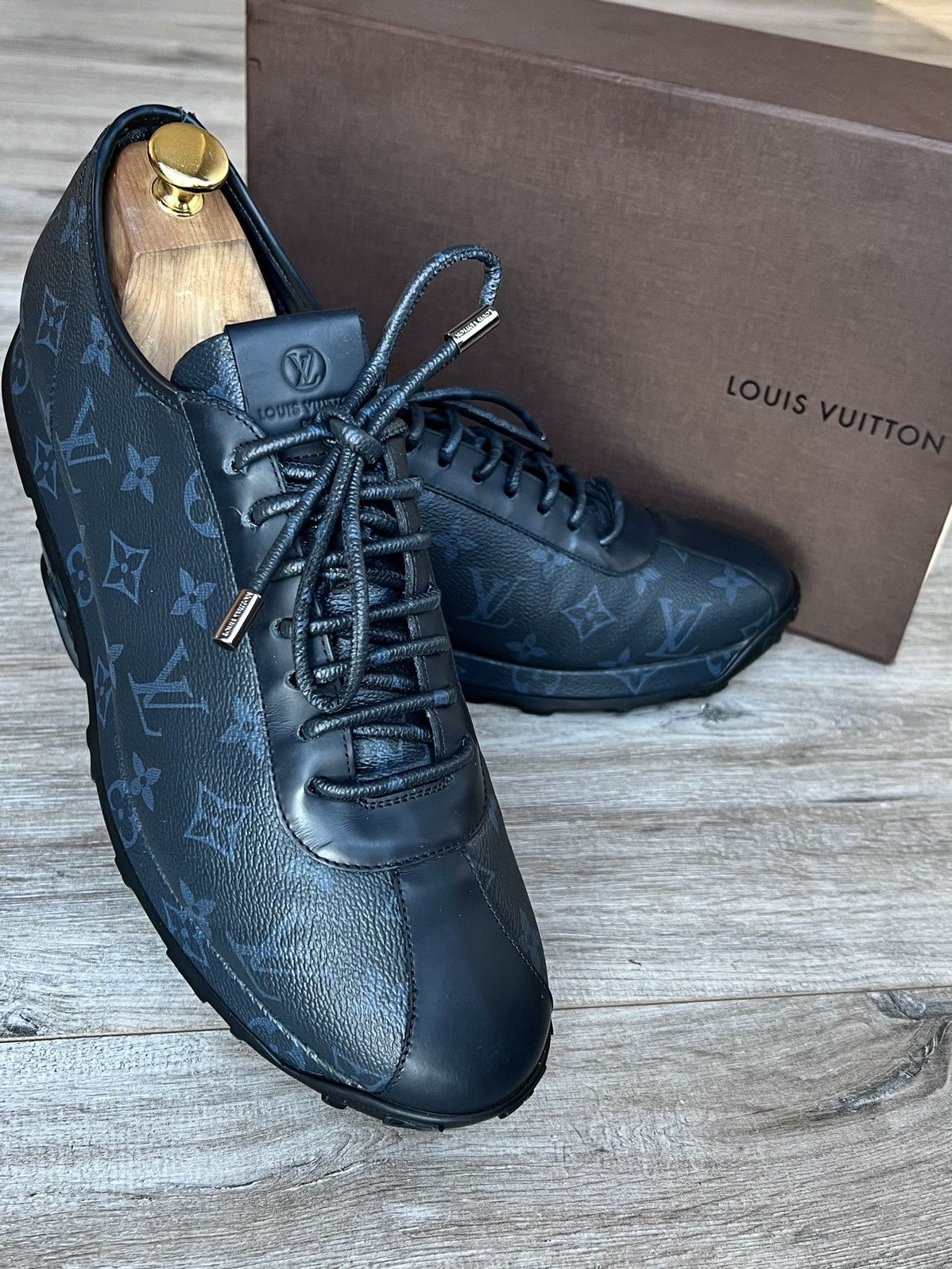image of Louis Vuitton Sneakers Leather Trainers Monogram Lv Logo in Black/Blue, Men's (Size 11)
