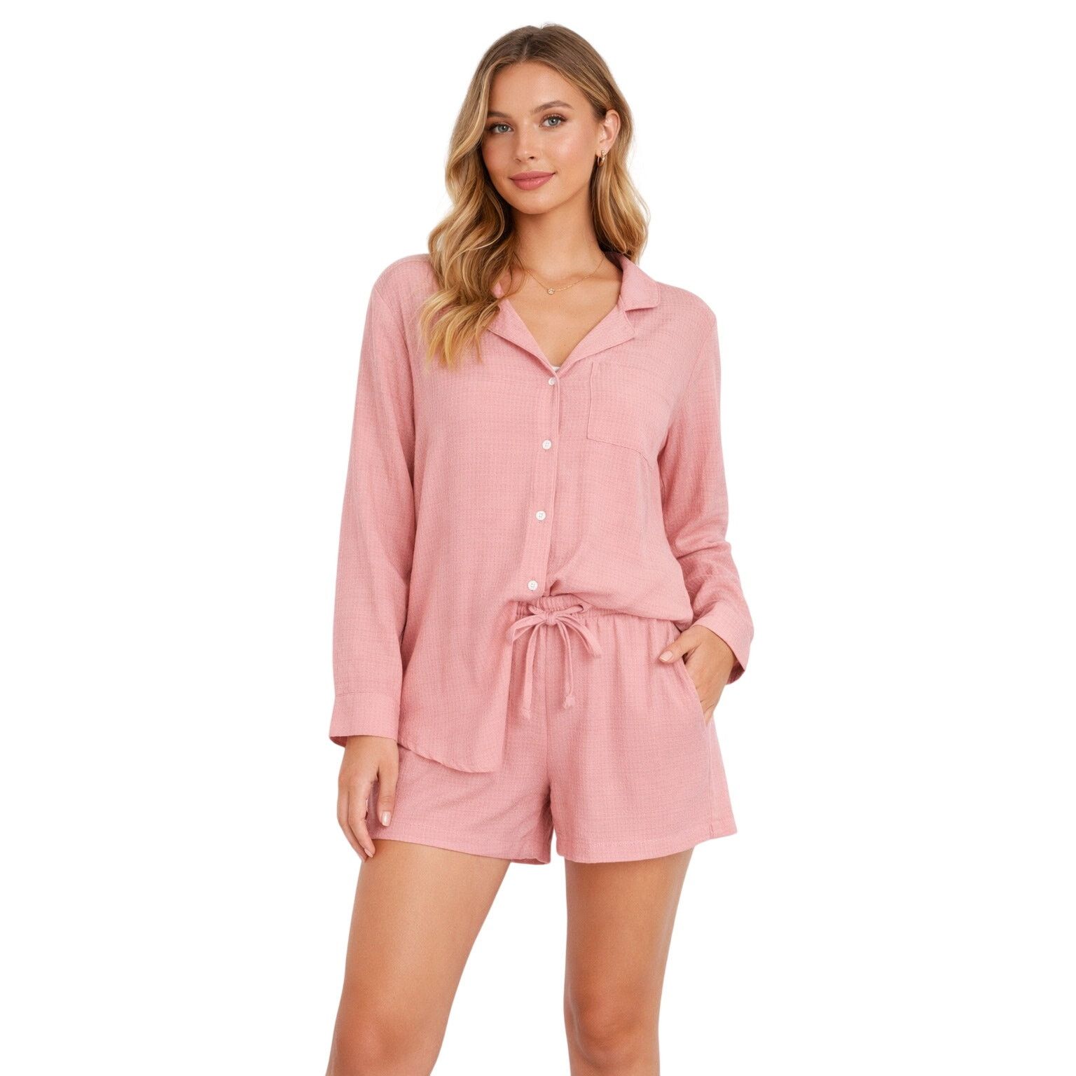 Other Womens Pajama Set M Button Down Long Sleeve Top Shorts NWOT Size M / US 6-8 / IT 42-44 - 1 Thumbnail