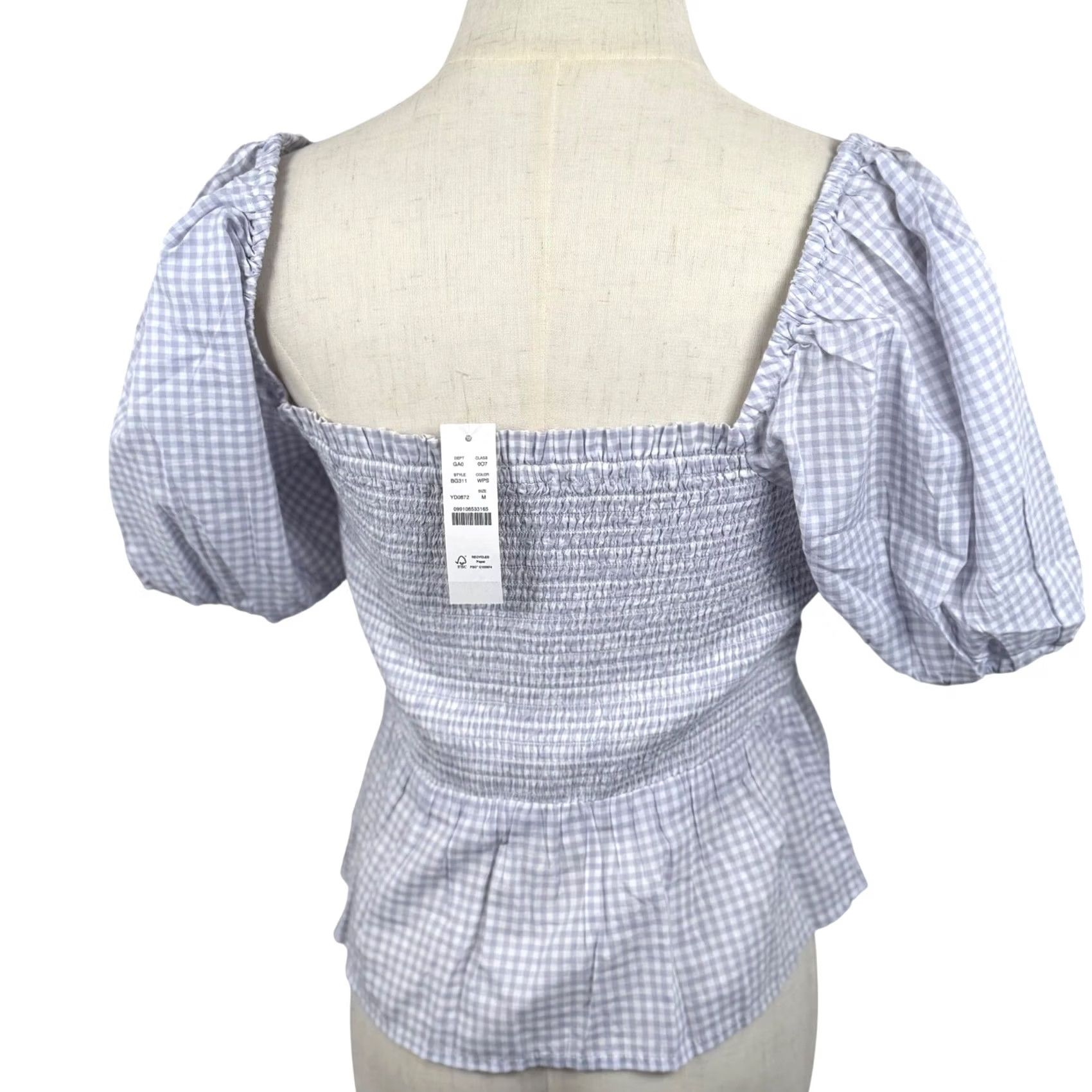 J.Crew JCrew Blouse Shirt Check Gingham Puff Short Sleeve Square Neck Peplum Smocked NWT Purple White Cottagecore Re-Imagined SP22 Women M Size M / US 6-8 / IT 42-44 - 2 Thumbnail