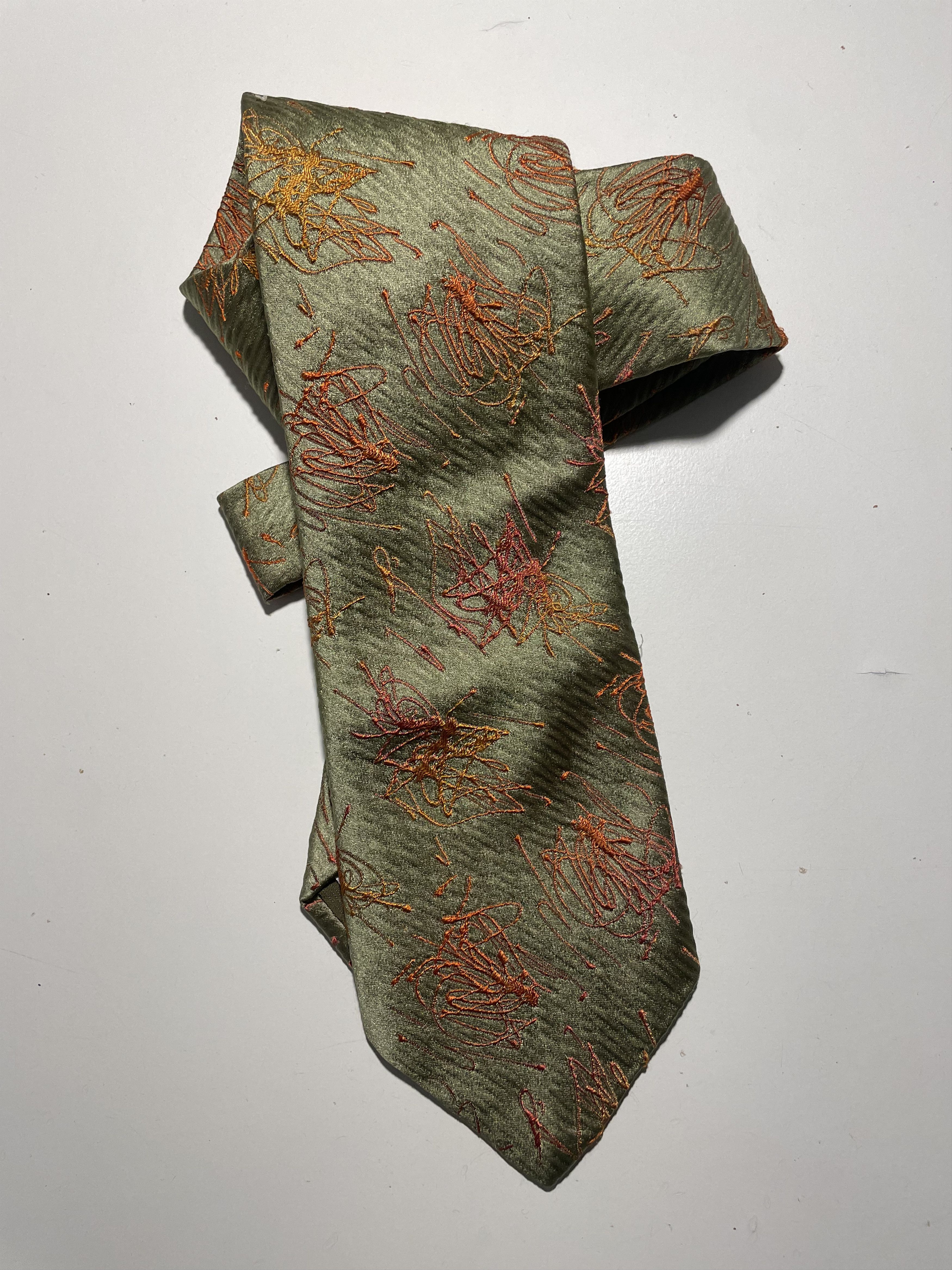 Romeo Gigli green tie with orange print, brutal! Size ONE SIZE - 1 Thumbnail