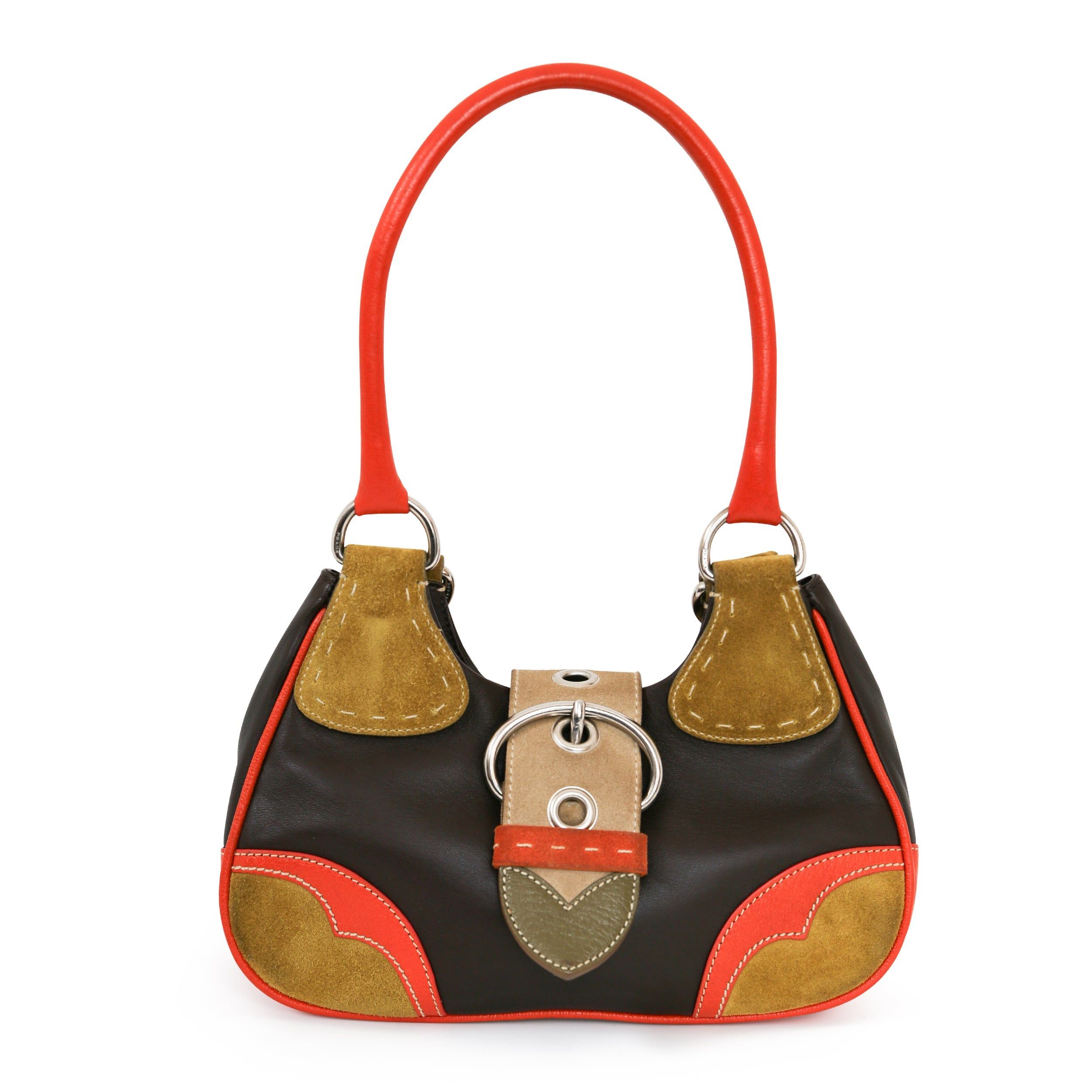 image of Prada Moon Suede Color Block Handbag in Black, Women's
