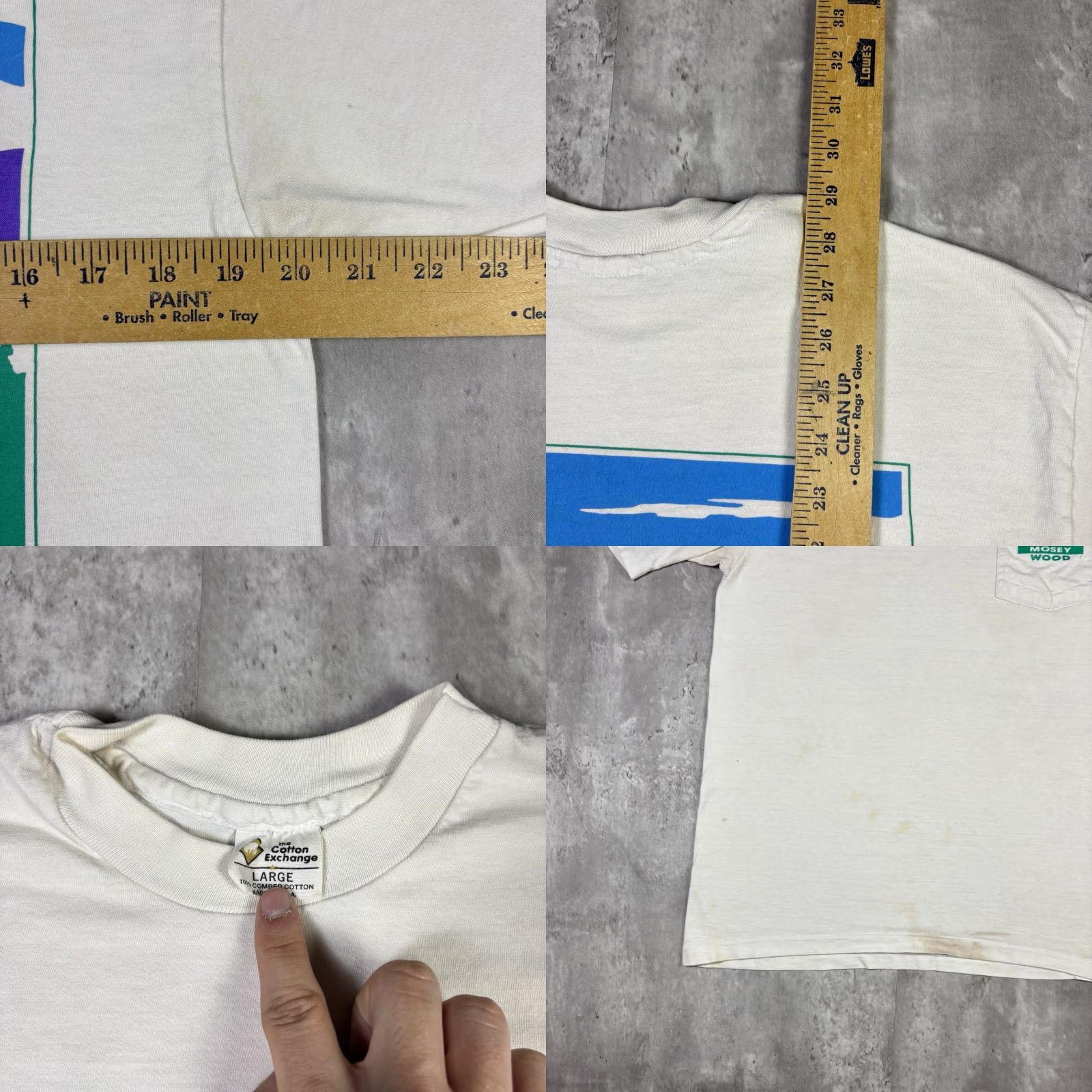 Vintage VINTAGE Mosey Wood T-Shirt Adult Large White 90s Short Sleeve Crew Neck Preshrunk Cotton Regular Size US L / EU 52-54 / 3 - 8 Thumbnail