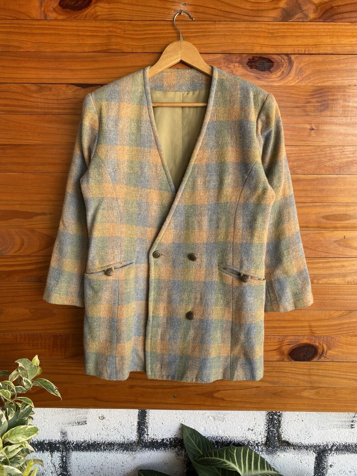 Japanese Brand Vintage Wool Plaid Blazer Jacket | Pastel Check Double Coat Size M / US 6-8 / IT 42-44 - 3 Thumbnail