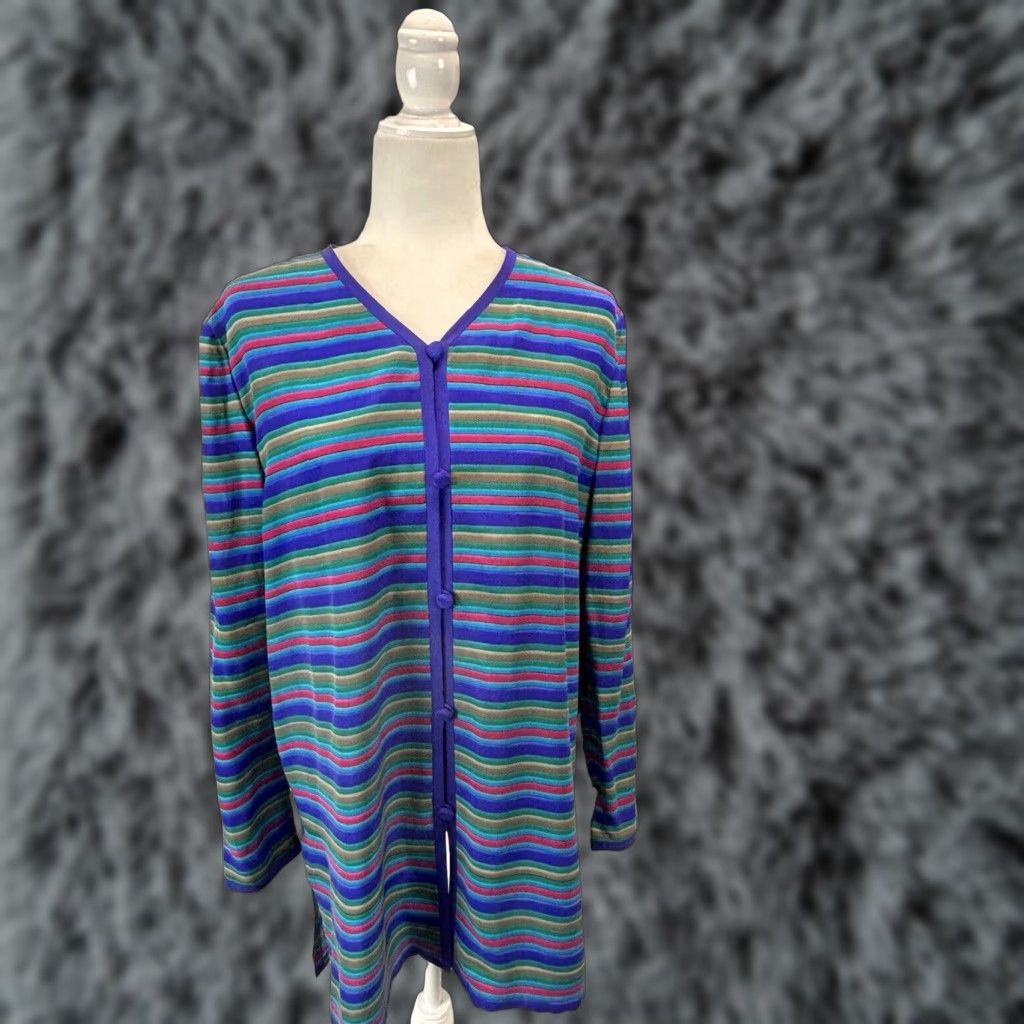 Adrianna Papell VINTAGE Adrianna Papell 2 Piece Outfit Set Women Size 8 Purple Striped Silk Tunic Knee Length Skirt Size 30" / US 8 / IT 44 - 1 Thumbnail