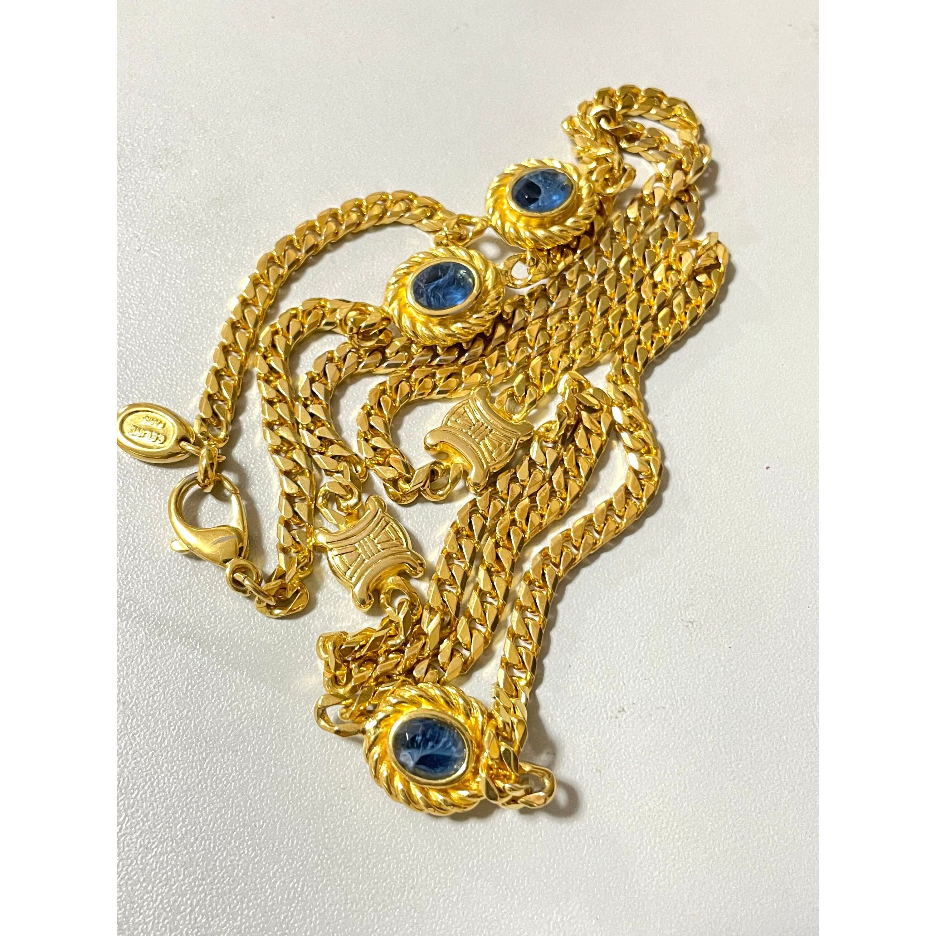 Celine Vintage Celine gold chain necklace, blue stone and triomphe Size ONE SIZE - 2 Thumbnail