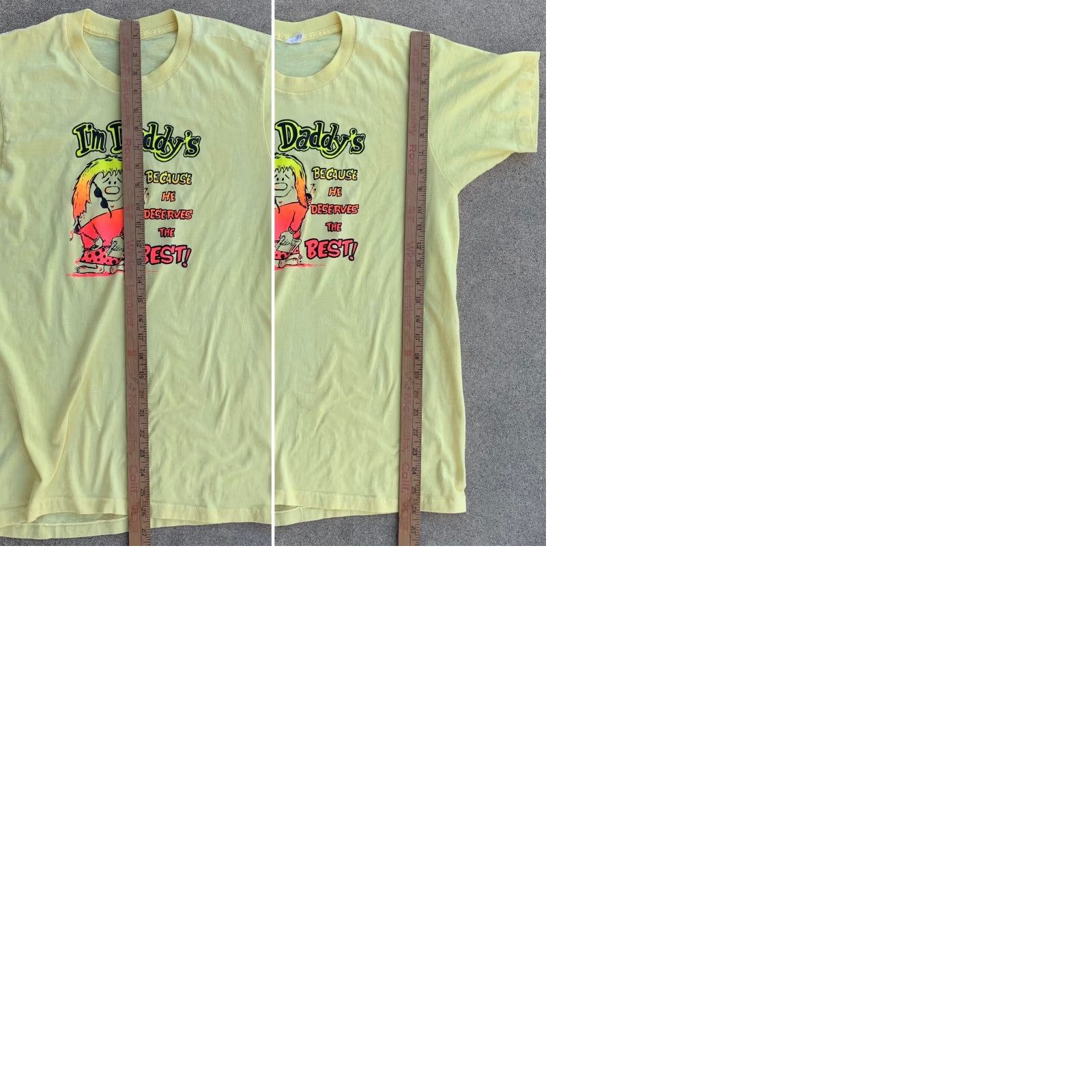 Fruit Of The Loom VINTAGE Im Daddys Because He Deserves The Best iron on graphics t shirt 1970s L Fruit of the Loom Yellow Neon graphic tee Mens Womens Boys Girls 1970s Size US L / EU 52-54 / 3 - 9 Thumbnail