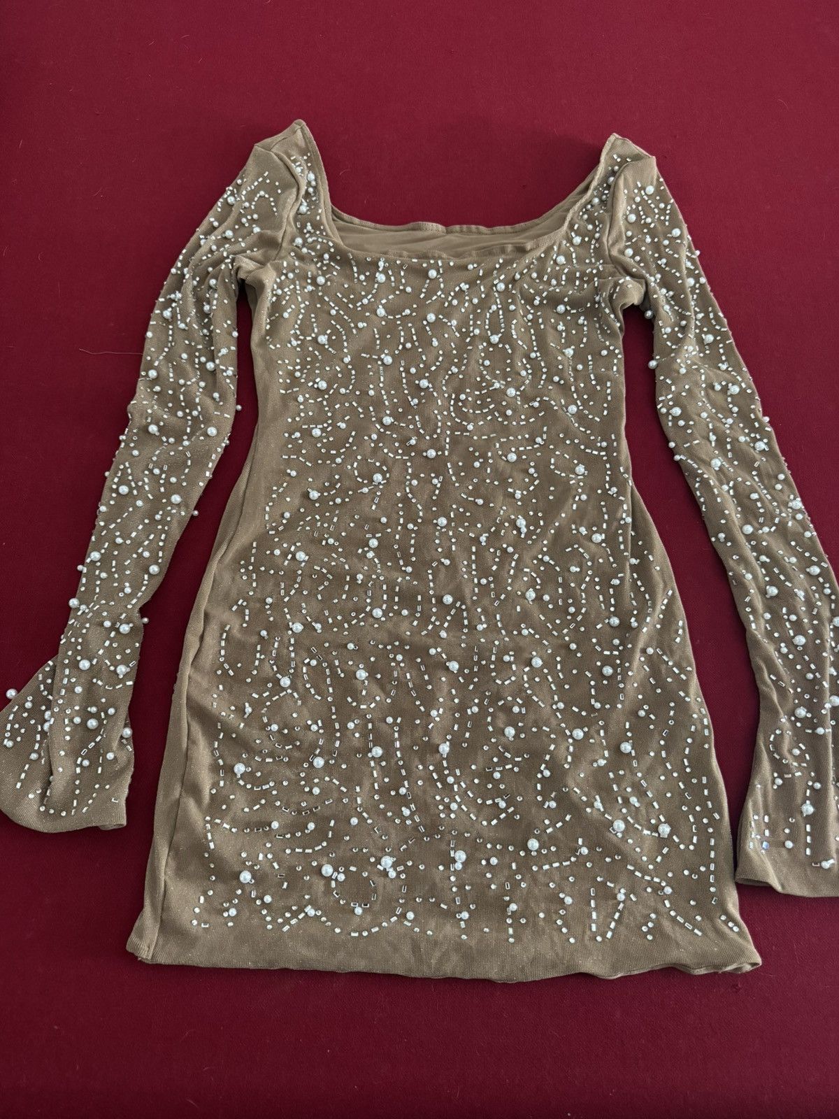 Other Nude long sleeve dress with rhinestones and pearls Size L / US 10 / IT 46 - 1 Thumbnail