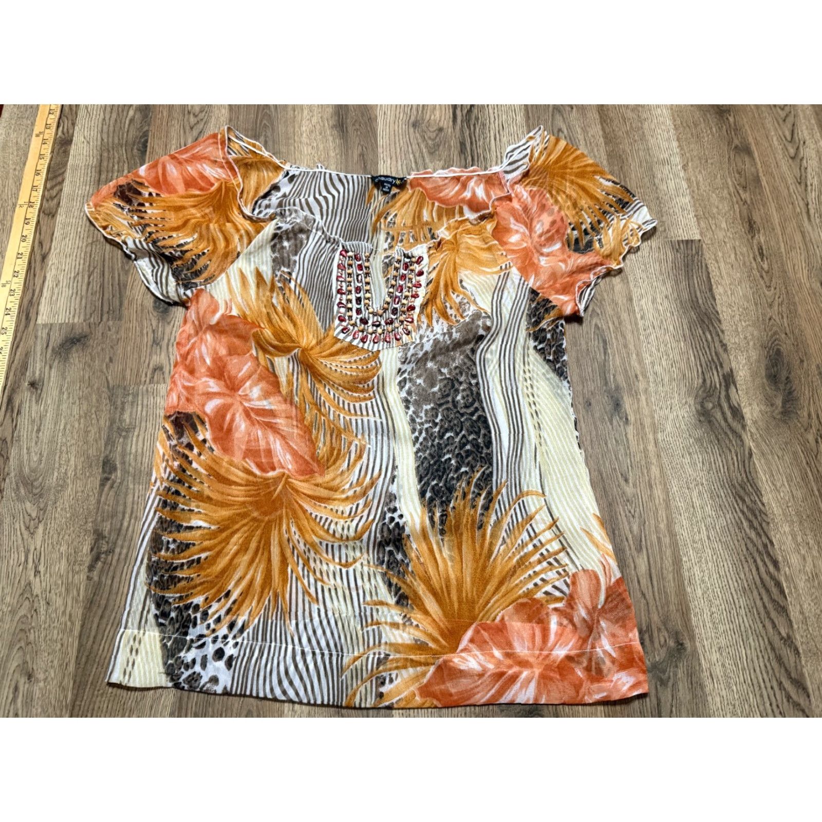Vintage Chaudry KC Blouse Women L Orange Brown White V-neck Beads Cap Sleeve Casual Modern Cotton-Shirt Size L / US 10 / IT 46 - 2 Thumbnail