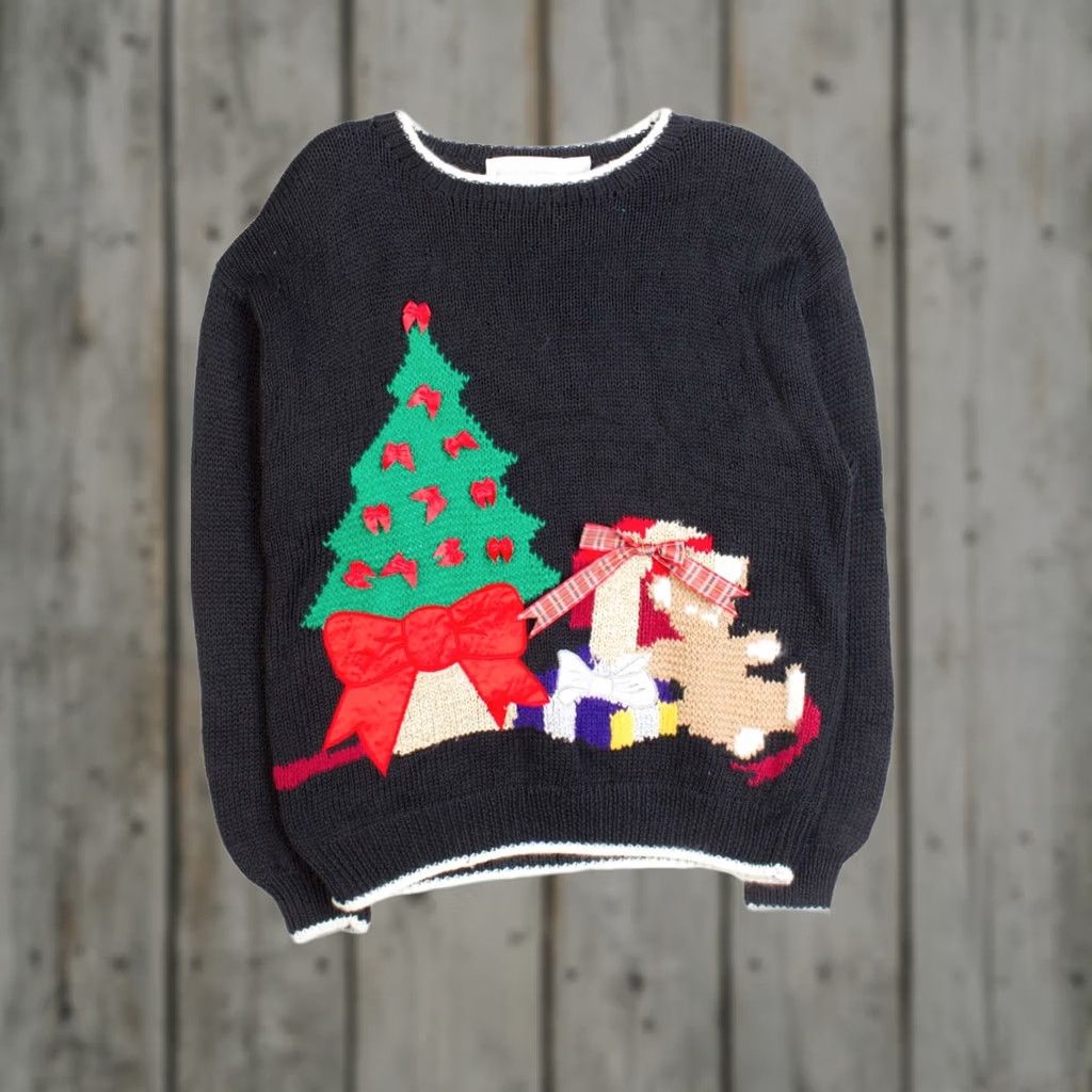 Vintage VINTAGE Marisa Christina Black Cardigan Ugly Christmas Bears Ramie Cotton 38” Bust 24” Length S Small Womens Mens 80s 90s Ragstock Size S / US 4 / IT 40 - 1 Thumbnail