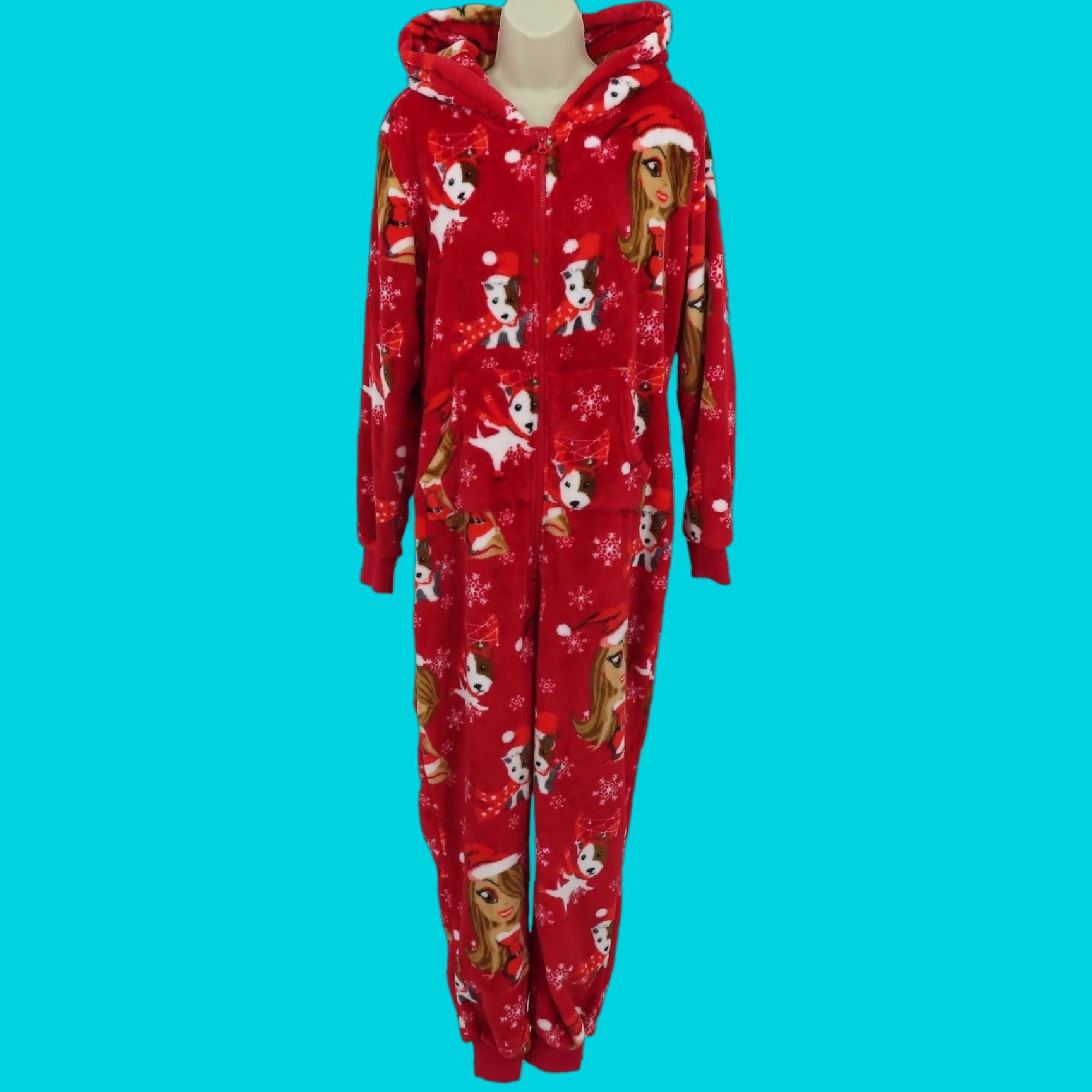Vintage Mariah Carey Pajama Hooded One Piece Jumpsuit Christmas Holiday Adult Medium Red Polyester Fleece Zip Pocket Women Clothing Size 32" / US 10 / IT 46 - 1 Thumbnail