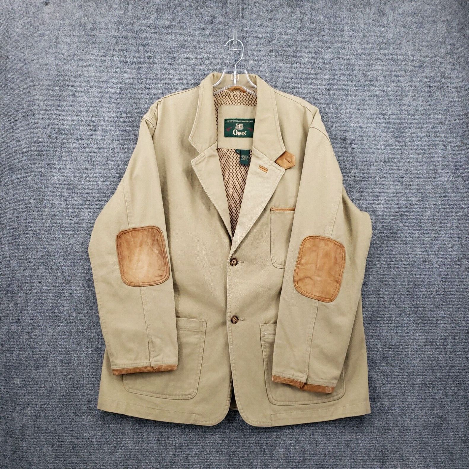 image of Orvis Jacket Mens L Large Khaki Blazer Leather Elbow Patch Safari Zambezi in White