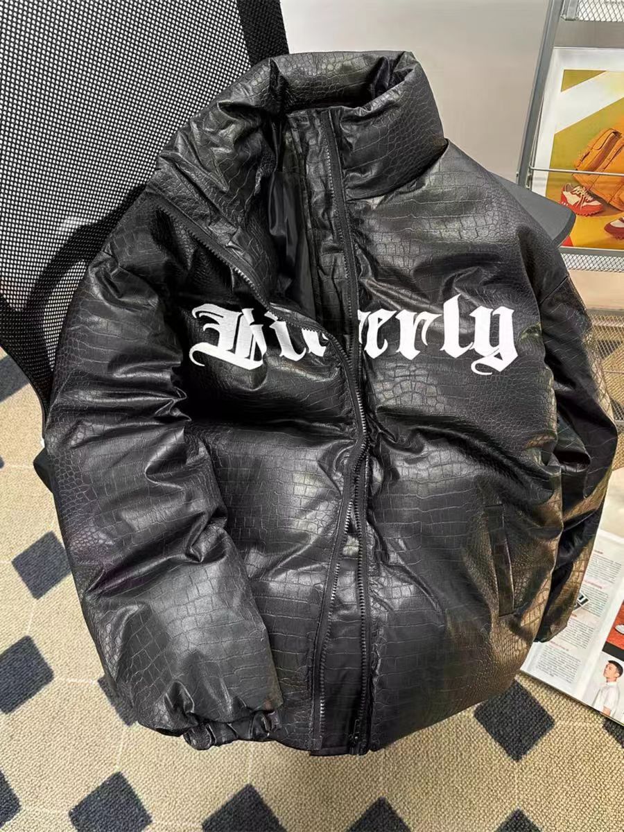 image of Vintage Black Letter Cross Embroidered Stand Collar Down Jacket, Men's (Size Medium)