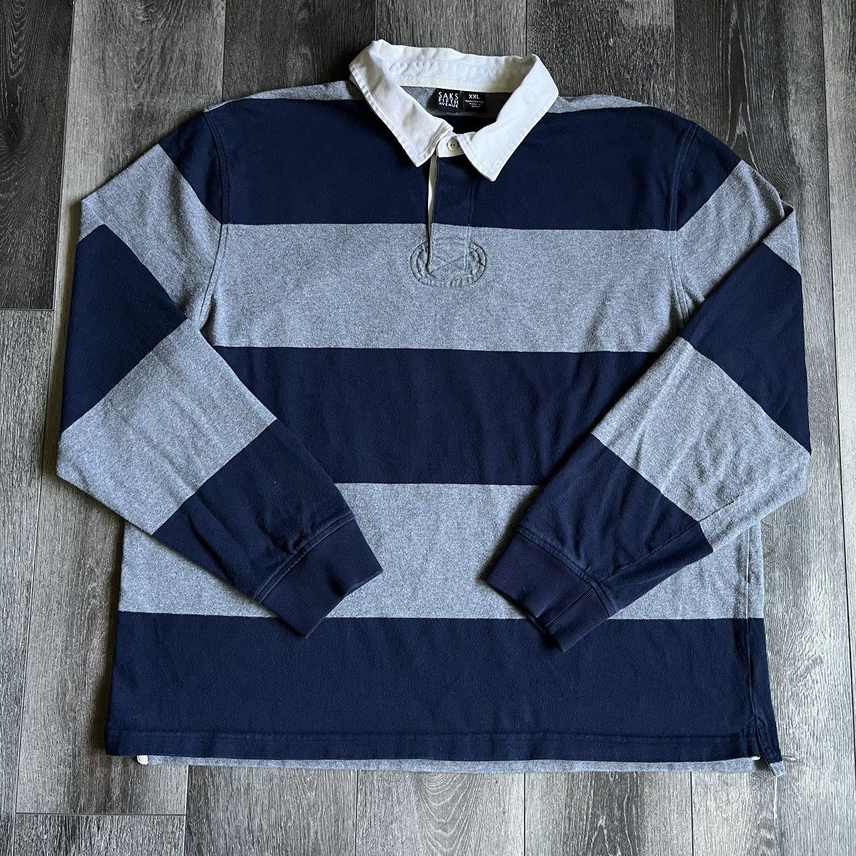Vintage Saks Fifth Avenue Stripe Navy Rugby Button Up Shirt