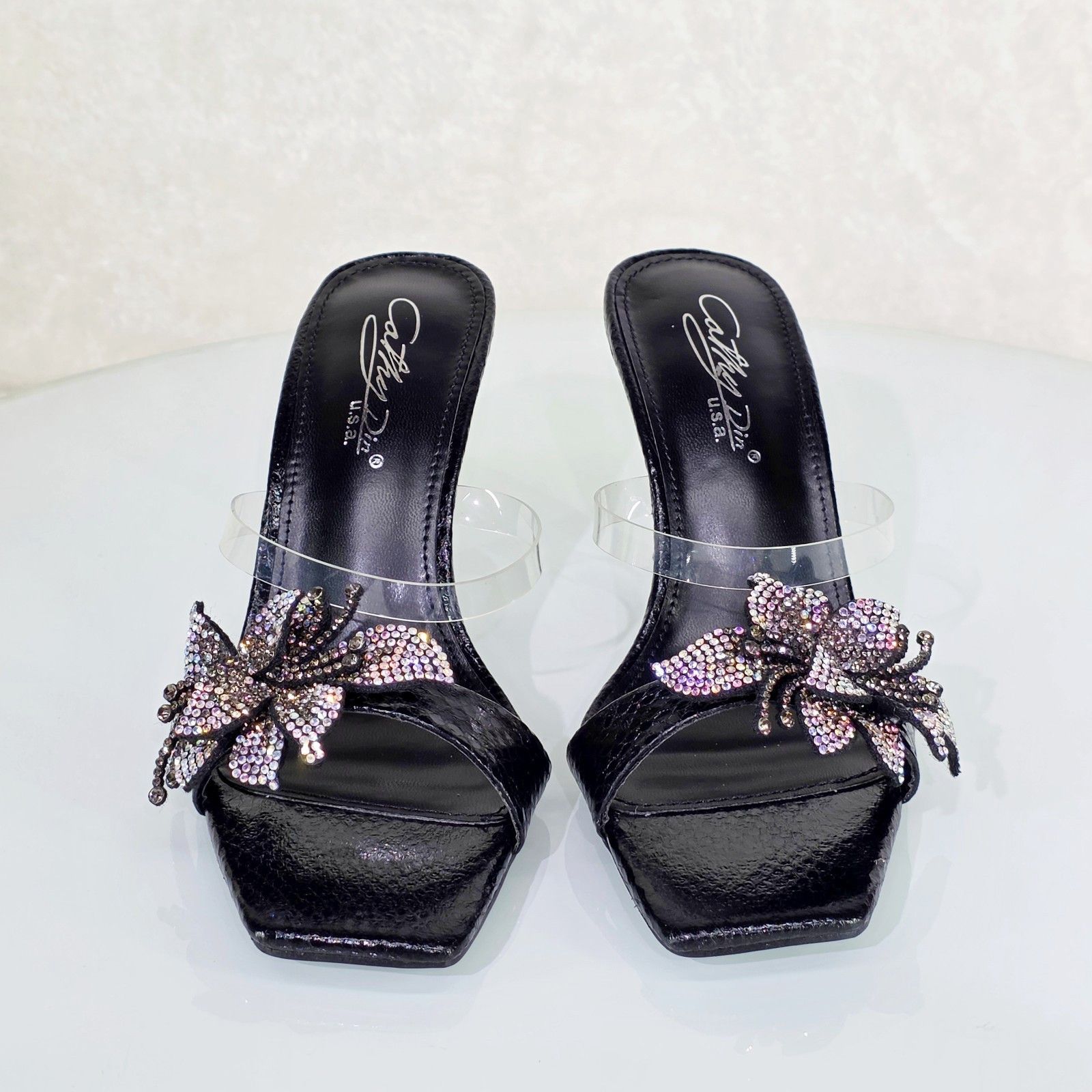 Other Lily Rhinestone Flower Black Slip On 3.25" Heel Casual Eveni Size US 8.5 / IT 38.5 - 6 Thumbnail