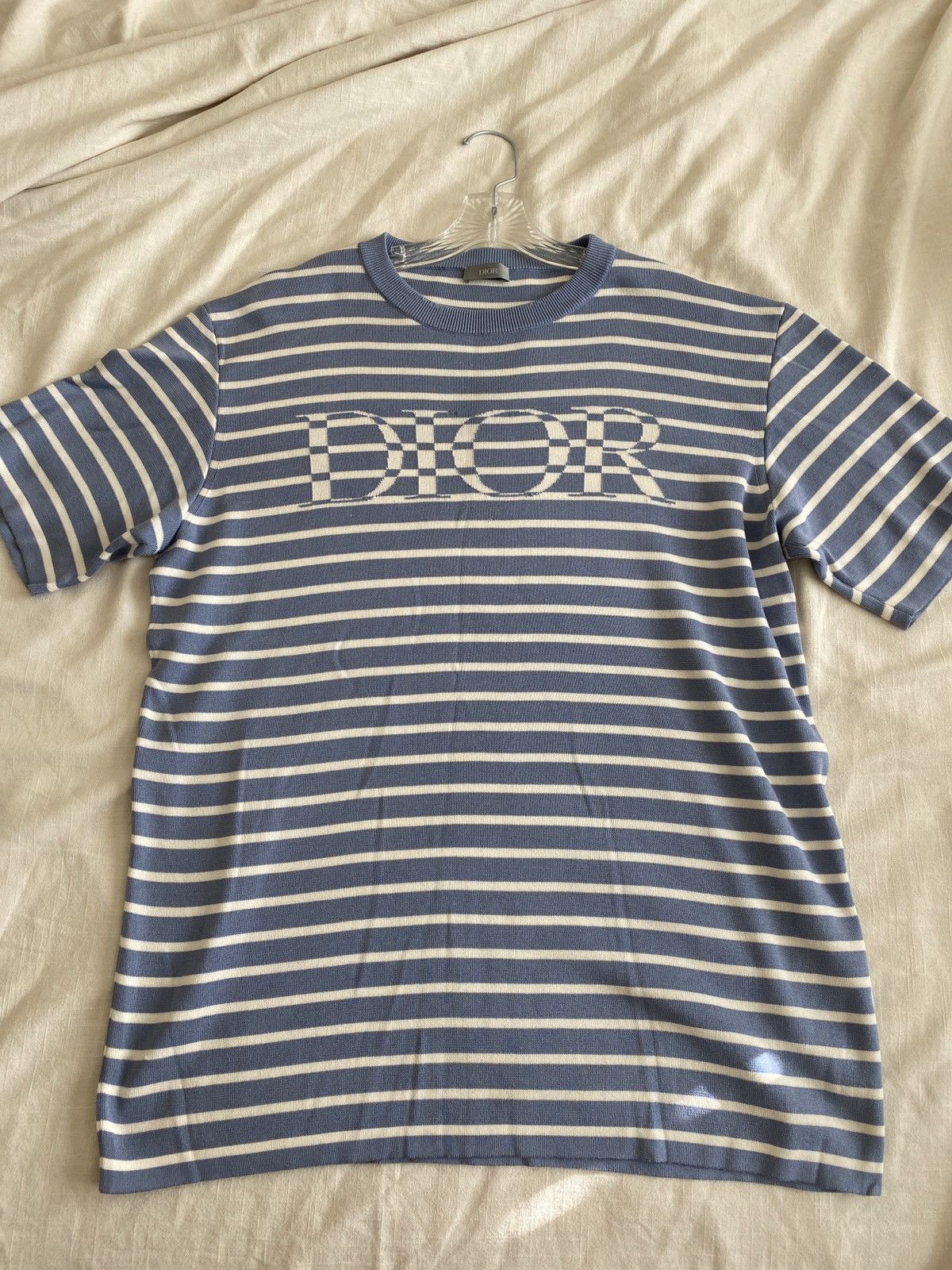 image of Dior Men's Blue Logo Striped Oversized T-Shirt in Baby Blue (Size XL)