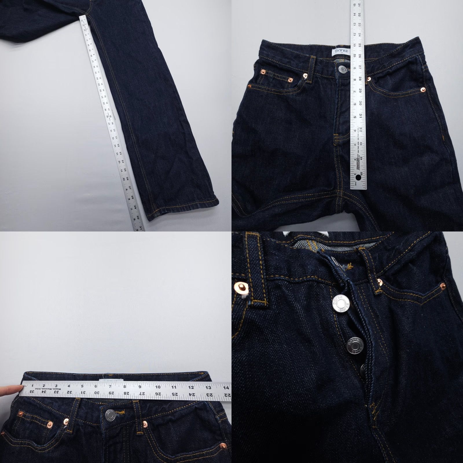 Parker Parke Jeans Womens 25 Straight High Rise Button Fly Inseam 30" Dark Wash Blue 5-Pocket Denim Cotton Regular Casual Summer Winter Size 42" / US 20 - 8 Thumbnail