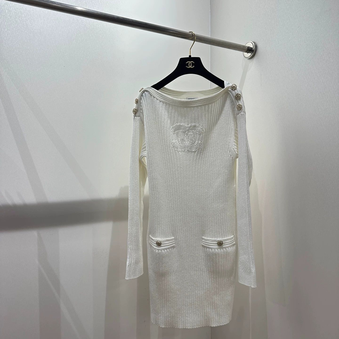 Chanel Chanel apr457 OffShoulder BigLogo GoldBtn CottonDress 38 Size S / US 4 / IT 40 - 1 Thumbnail