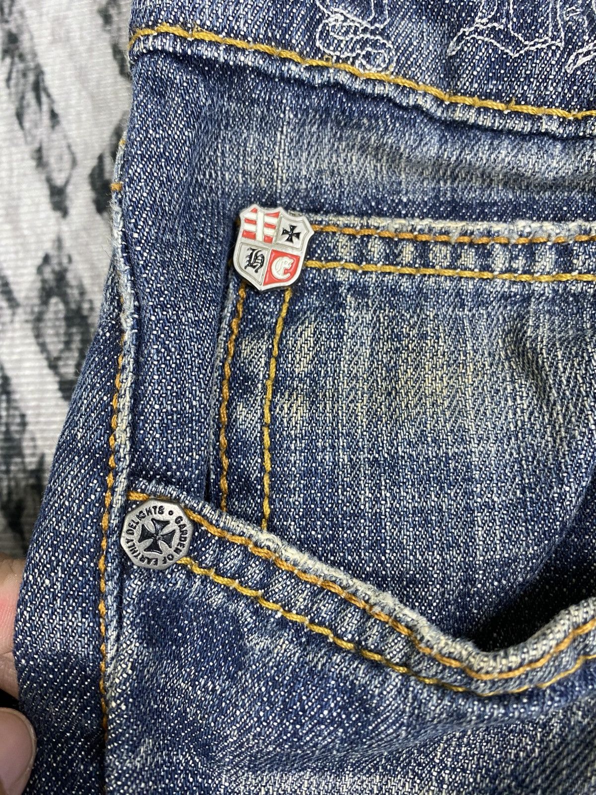 If Six Was Nine FLARED Garden Of Earthly Delights Distressed Denim Jeans Size US 33 - 12 Thumbnail