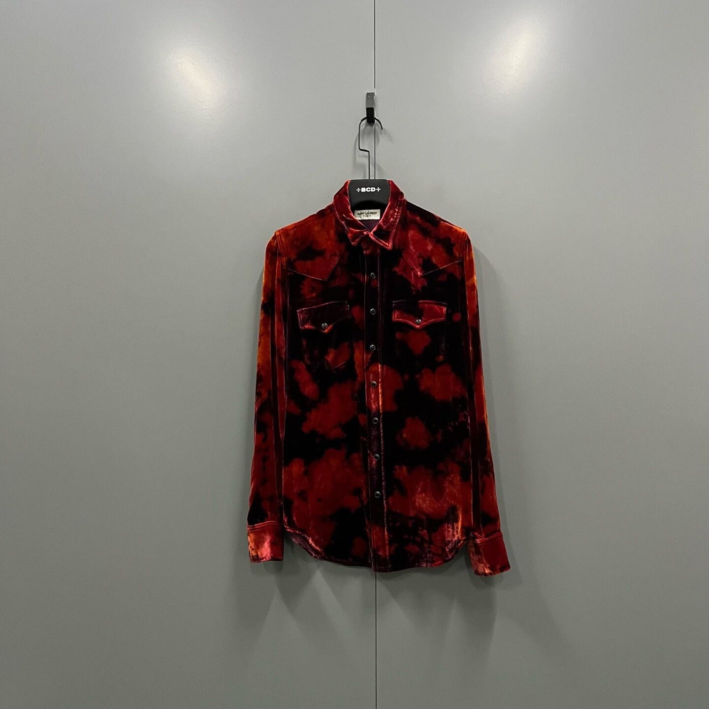 tie-dye velvet button-up shirt