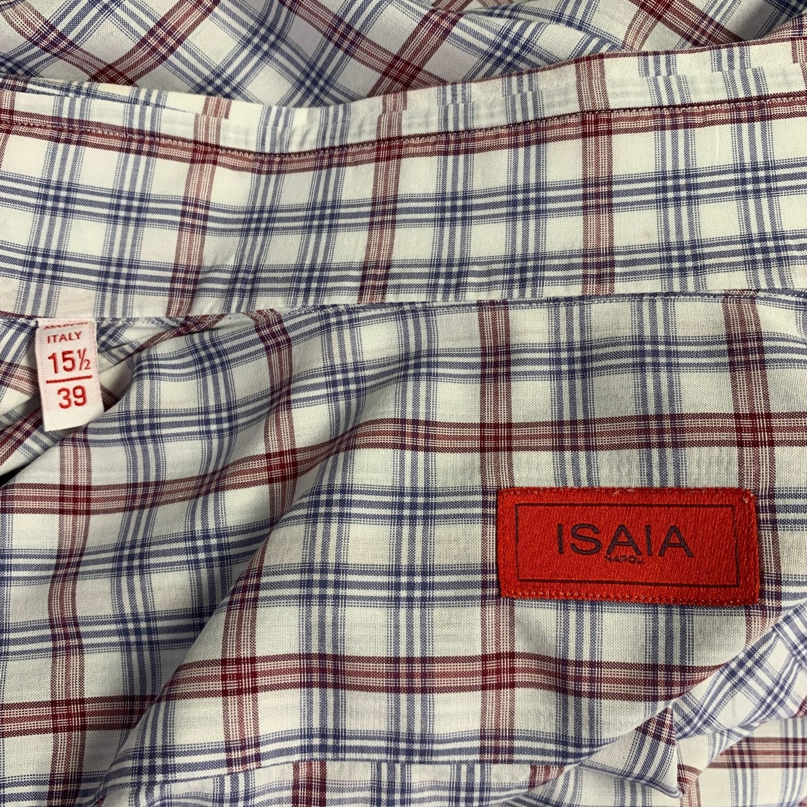Isaia Burgundy White Blue Plaid Cotton Spread Collar Shirt Size US M / EU 48-50 / 2 - 5 Thumbnail