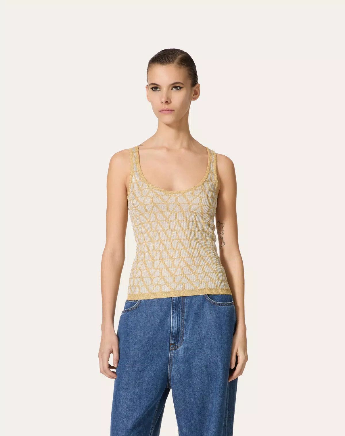 Valentino o1s1wg110426 Lurex And Toile Iconographe Jacquard Top Yellow Size XS / US 0-2 / IT 36-38 - 4 Thumbnail