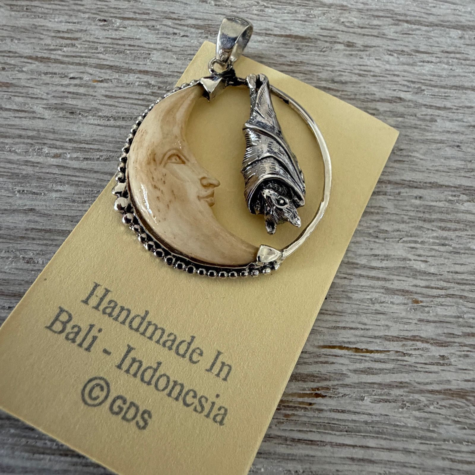 Other Sterling Silver Bat Moon Pendant Carved Tea Bone Gothic Size ONE SIZE - 4 Thumbnail