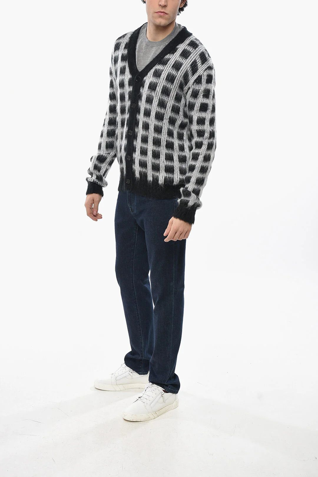 Marni og1mm0326 Mohair-Blend Check Cardigan in Black/White Size US M / EU 48-50 / 2 - 4 Thumbnail