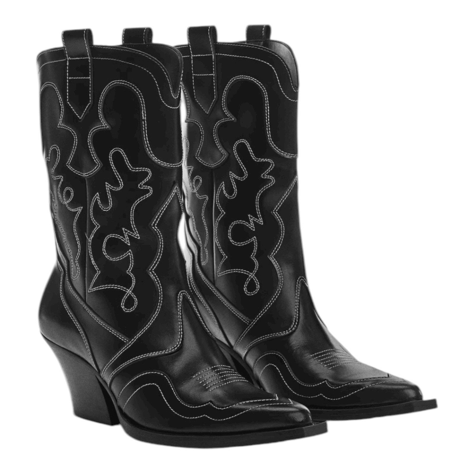 Mango Mango Leather Cowboy Ankle Boots Embroidery Black 39/ 8.5 Size US 8.5 / IT 38.5 - 1 Thumbnail