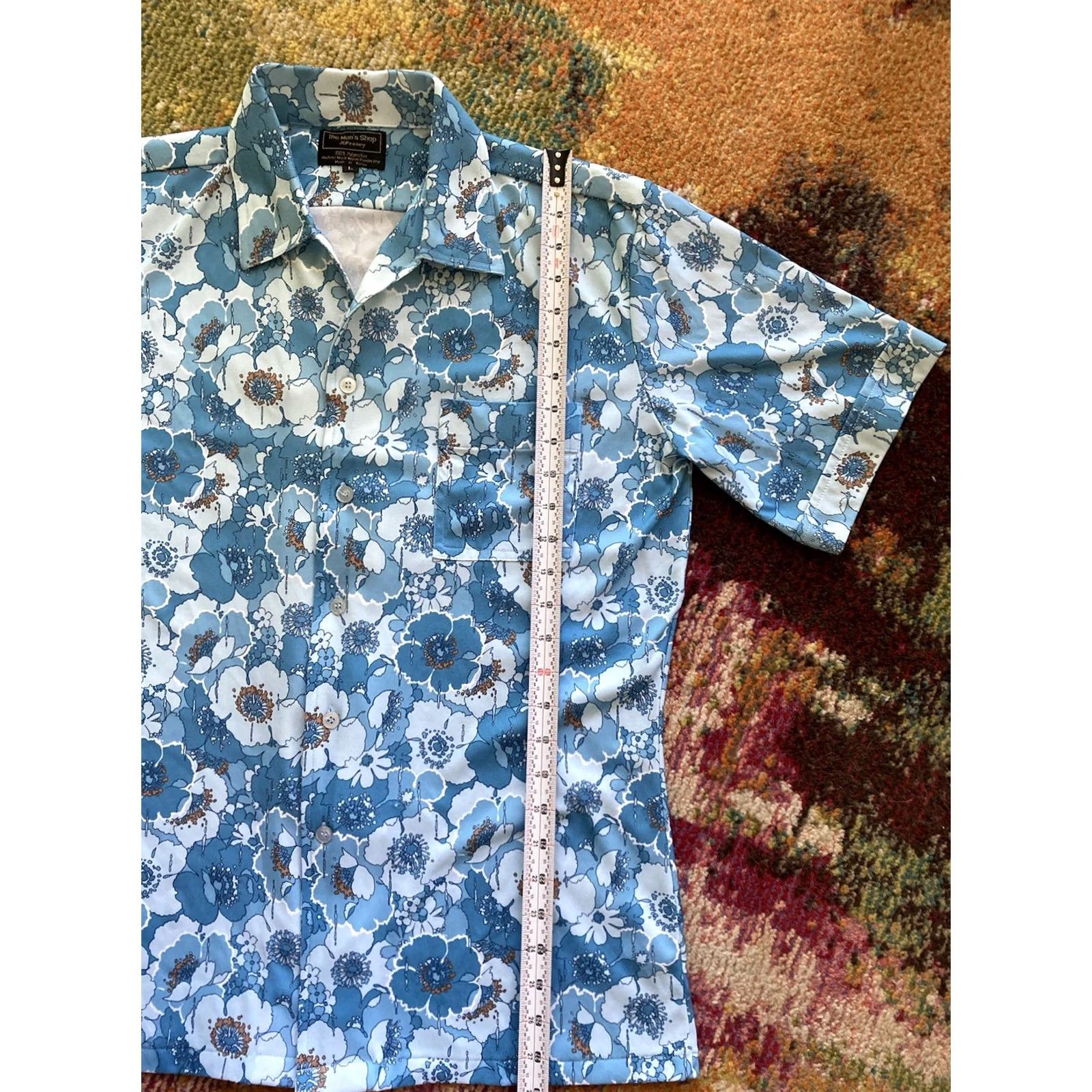 JCPenney VINTAGE JC Penneys Shirt Mens Large Hawaii Floral Blue Button Up Short Sleeve Casual 60s 70s 80s USA Size US L / EU 52-54 / 3 - 7 Thumbnail
