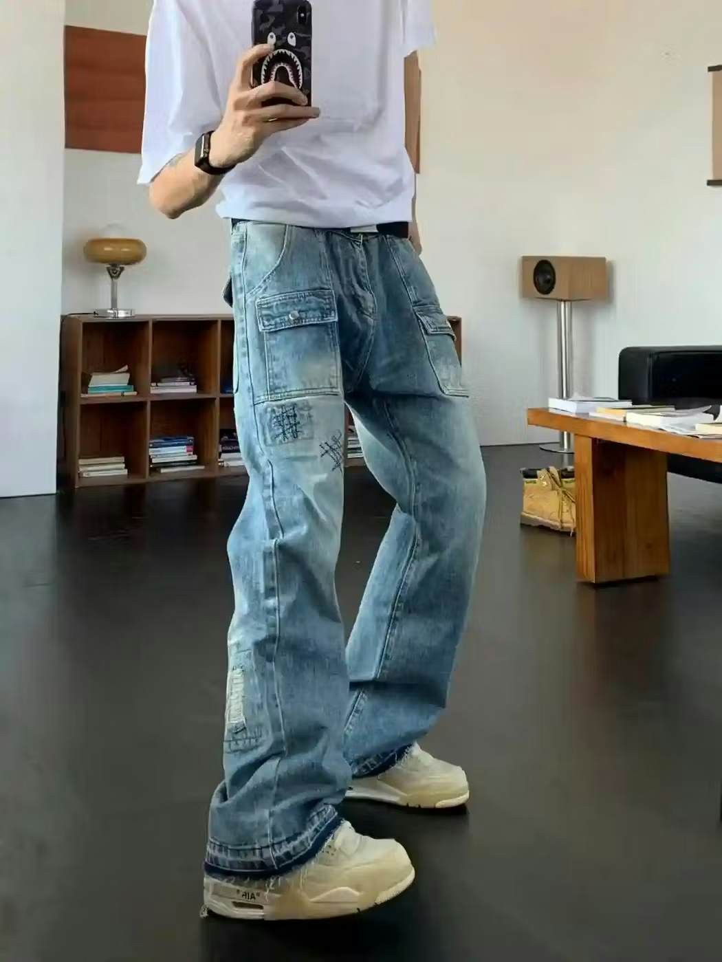 image of Vintage Baggy Faded Hiphop Flared Cargo Jeans in Blue Fade, Men's (Size 28)