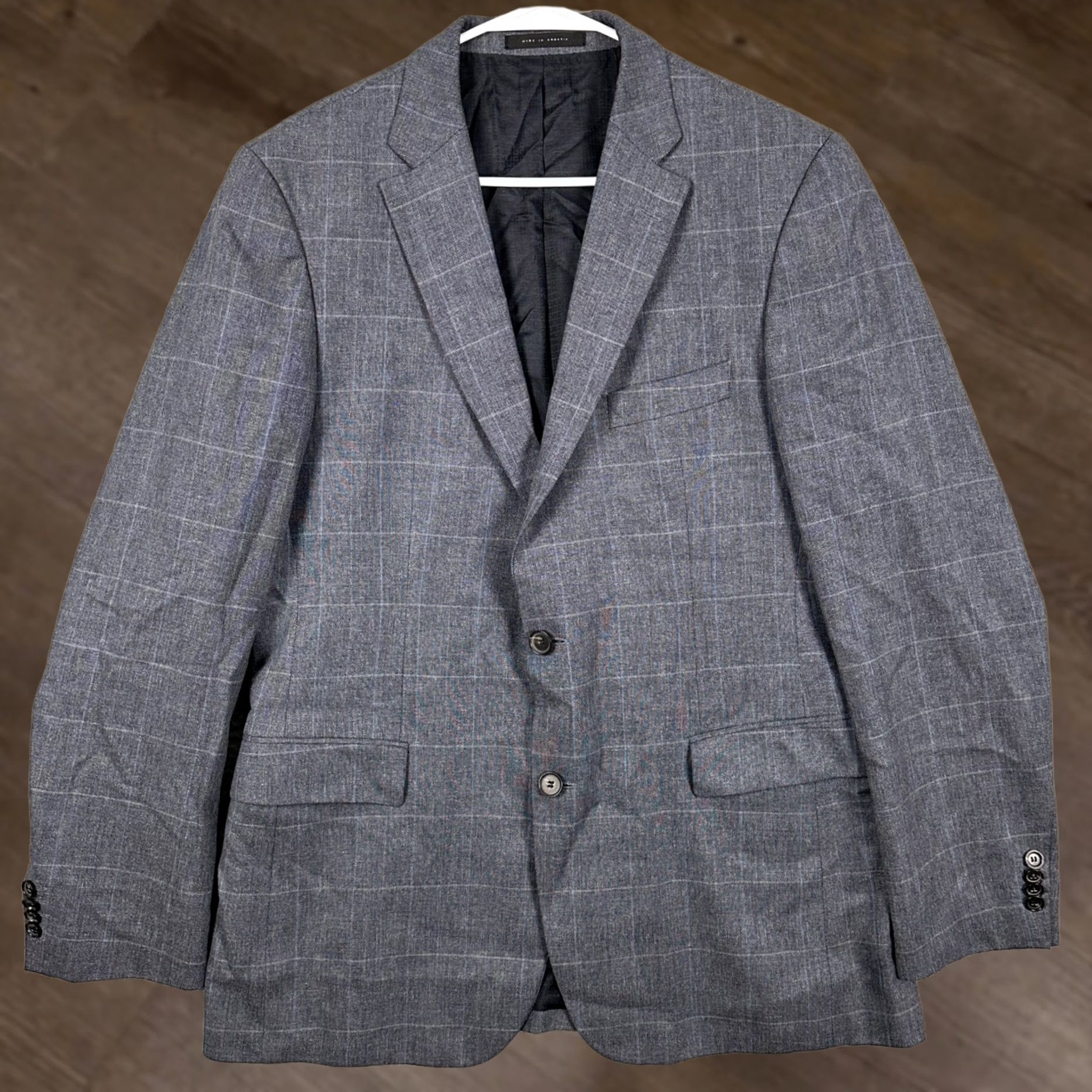 Hugo Boss HUGO BOSS Virgin Wool Blend Blazer Sport Coat Mens 42 Long Gray Windowpane Notch Lapel Three-Button Front Jacket Business Formal Casual OOOOO Size 42R - 1 Thumbnail