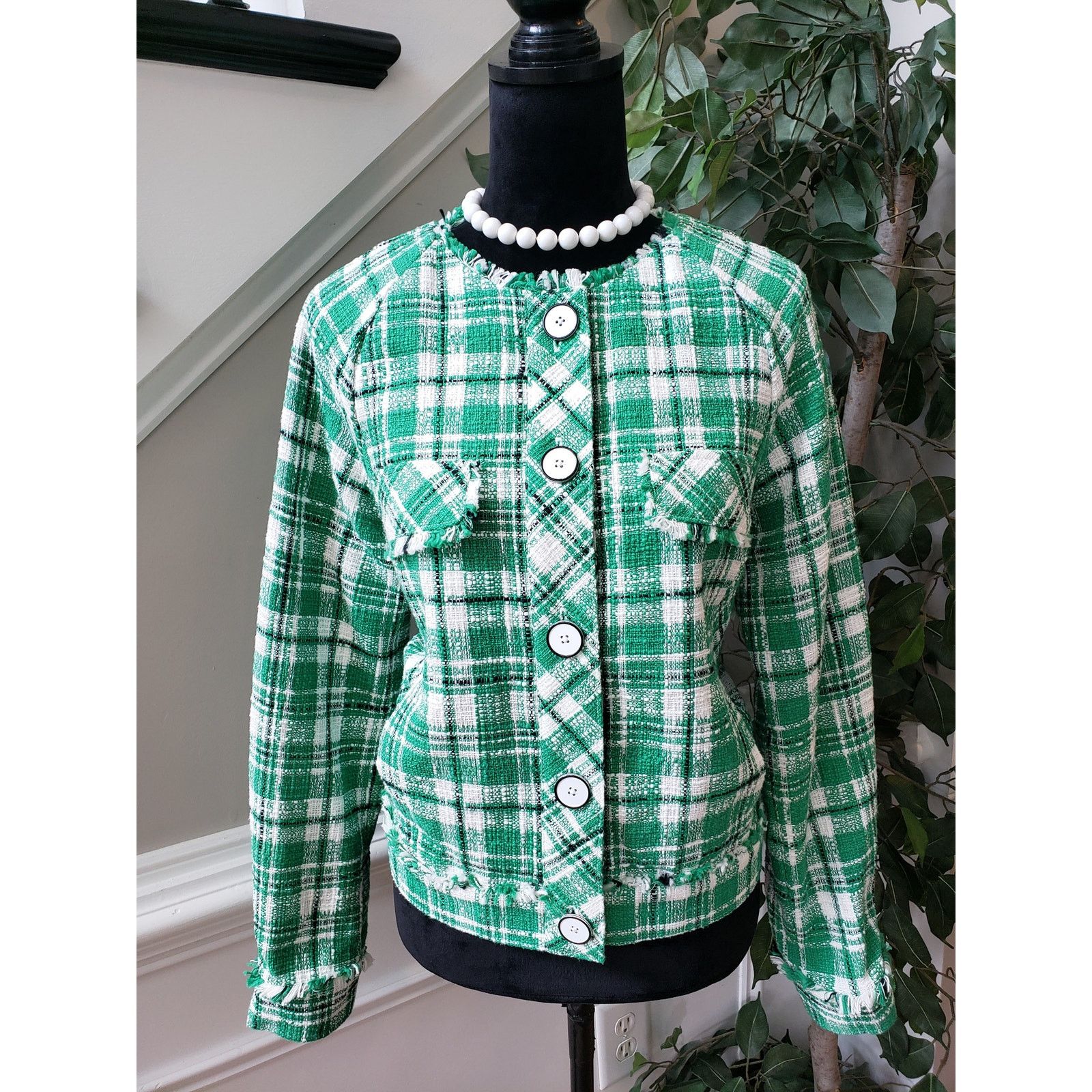 Cabi Library Jacket Womens Medium Green White Plaid Sophia