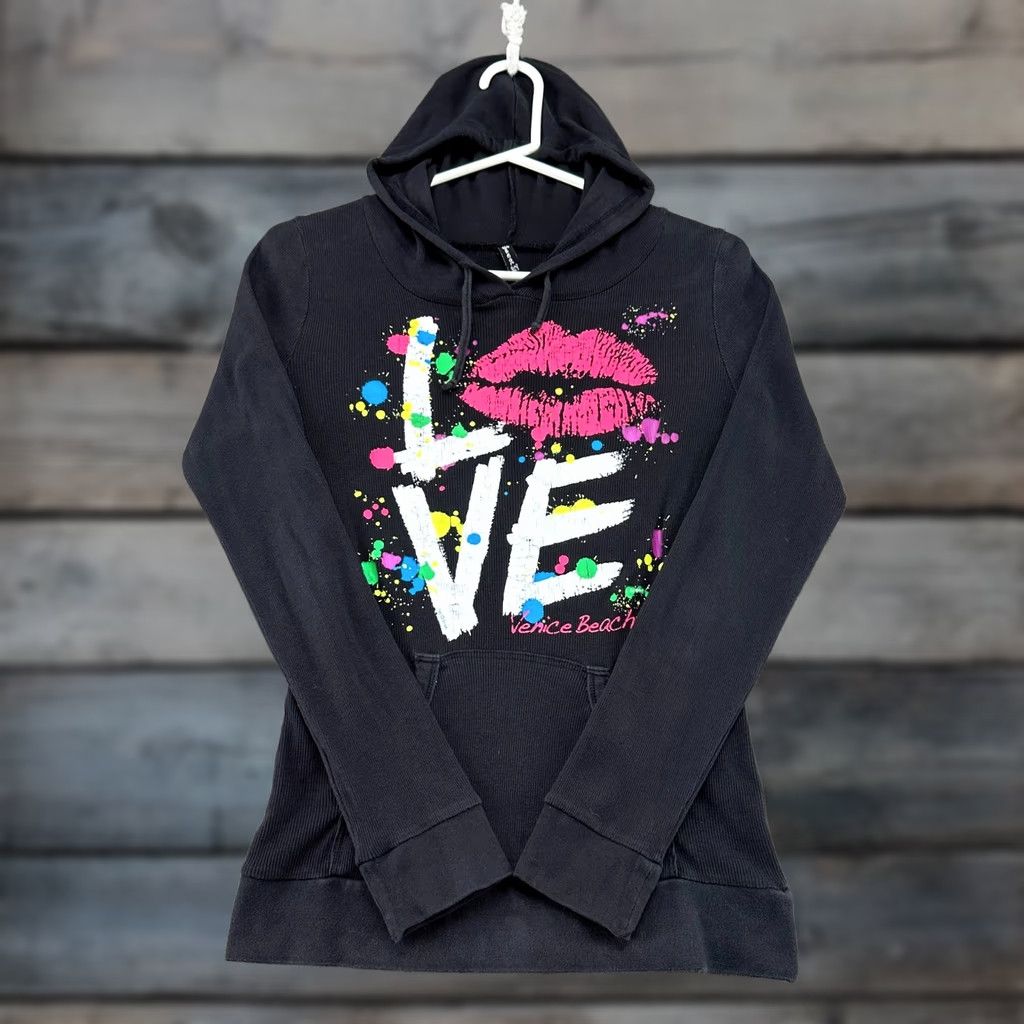 Vintage VINTAGE Sweet Girl Jacket Black M Womens Ribbed Kint Hoodie Love Venice Beach Stretch Y2K Logo Graphic Print Size M / US 6-8 / IT 42-44 - 1 Thumbnail