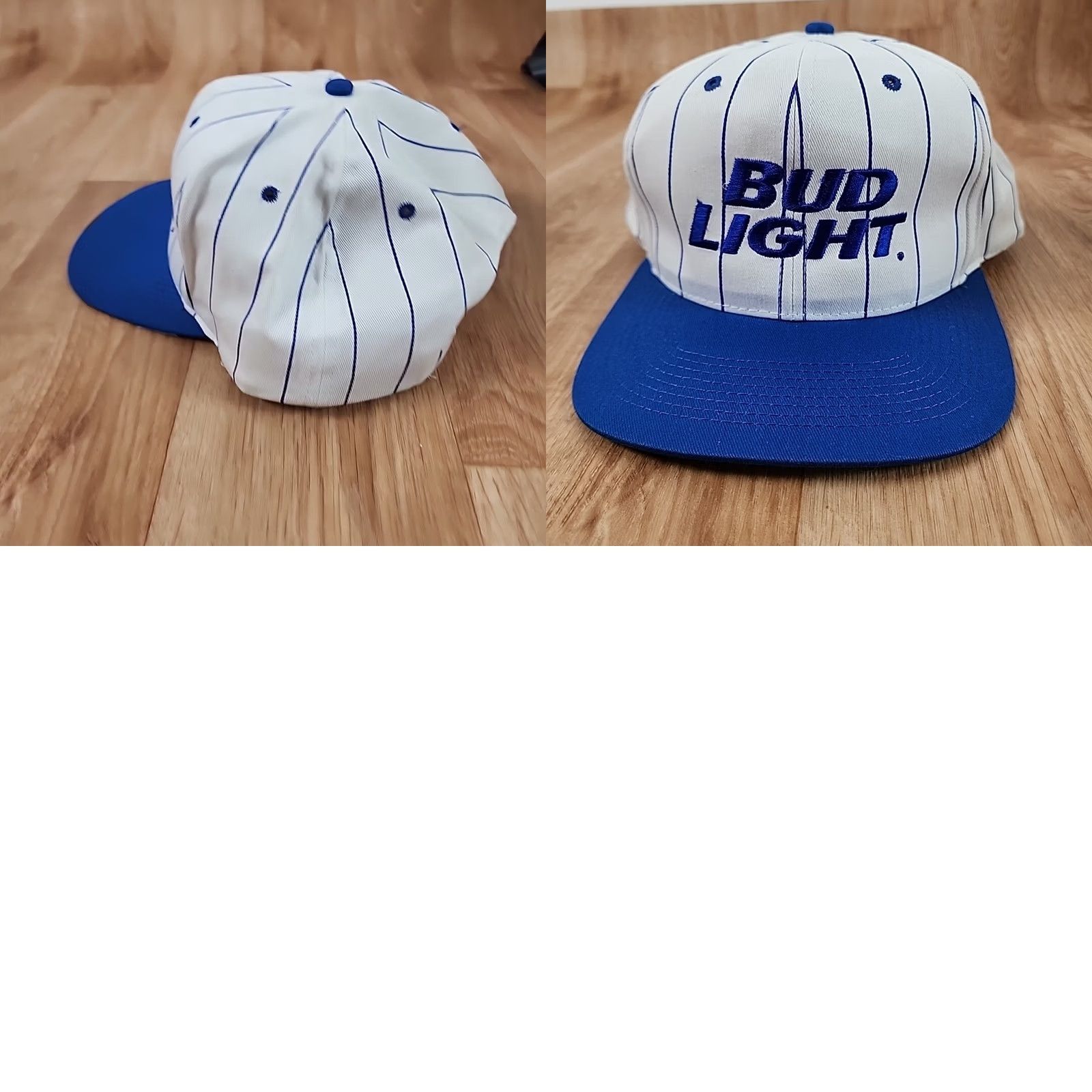 Vintage VINTAGE Bud Light Hat Adjustable Cream & Blue Embroidered Pin Stripe Snap Back Ball Cap Size ONE SIZE - 8 Thumbnail