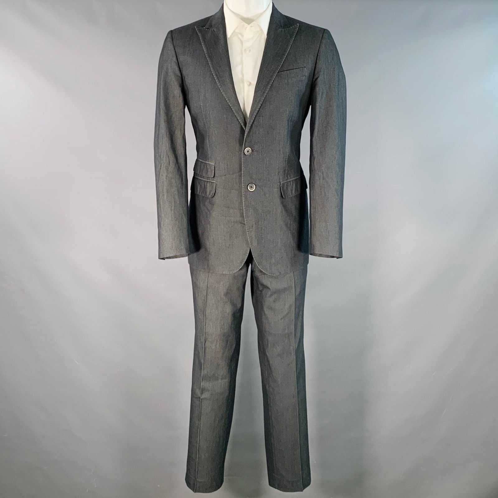Corneliani Grey Charcoal Herringbone Cotton Silk Peak Lapel Suit Size 38R - 2 Thumbnail