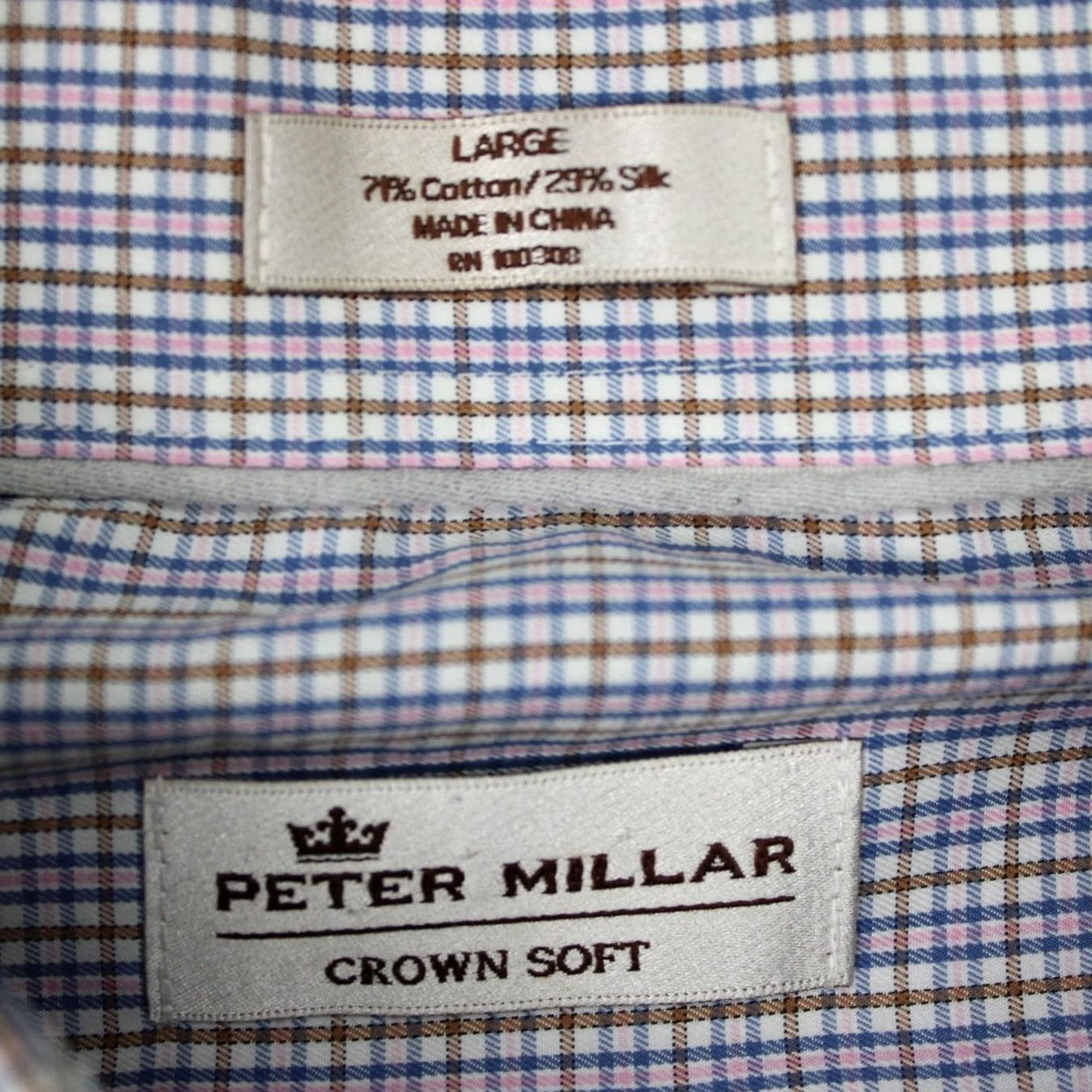 Peter Millar Peter Millar Crown Soft Shirt Adult Large Check Blue/Pink/Tan Cotton/Silk Blend L/S Button-Up Mens Regular Subtle Colorful Pattern Size US L / EU 52-54 / 3 - 7 Thumbnail