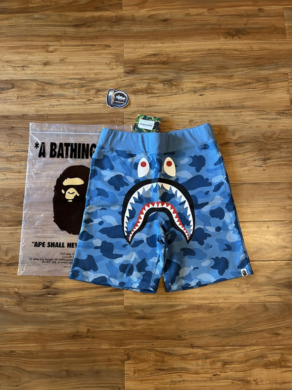 NEW Bape Blue HoneyComb Camo Shark Sweat Shorts