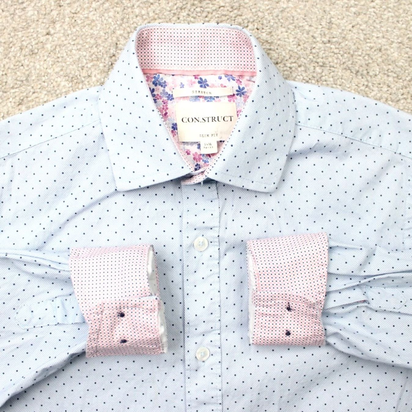 Vintage Construct Shirt Men 14 1/2, 32/33 Blue/Pink Slim Fit Stretch Cotton L/S Dress Shirt Size US M / EU 48-50 / 2 - 2 Thumbnail