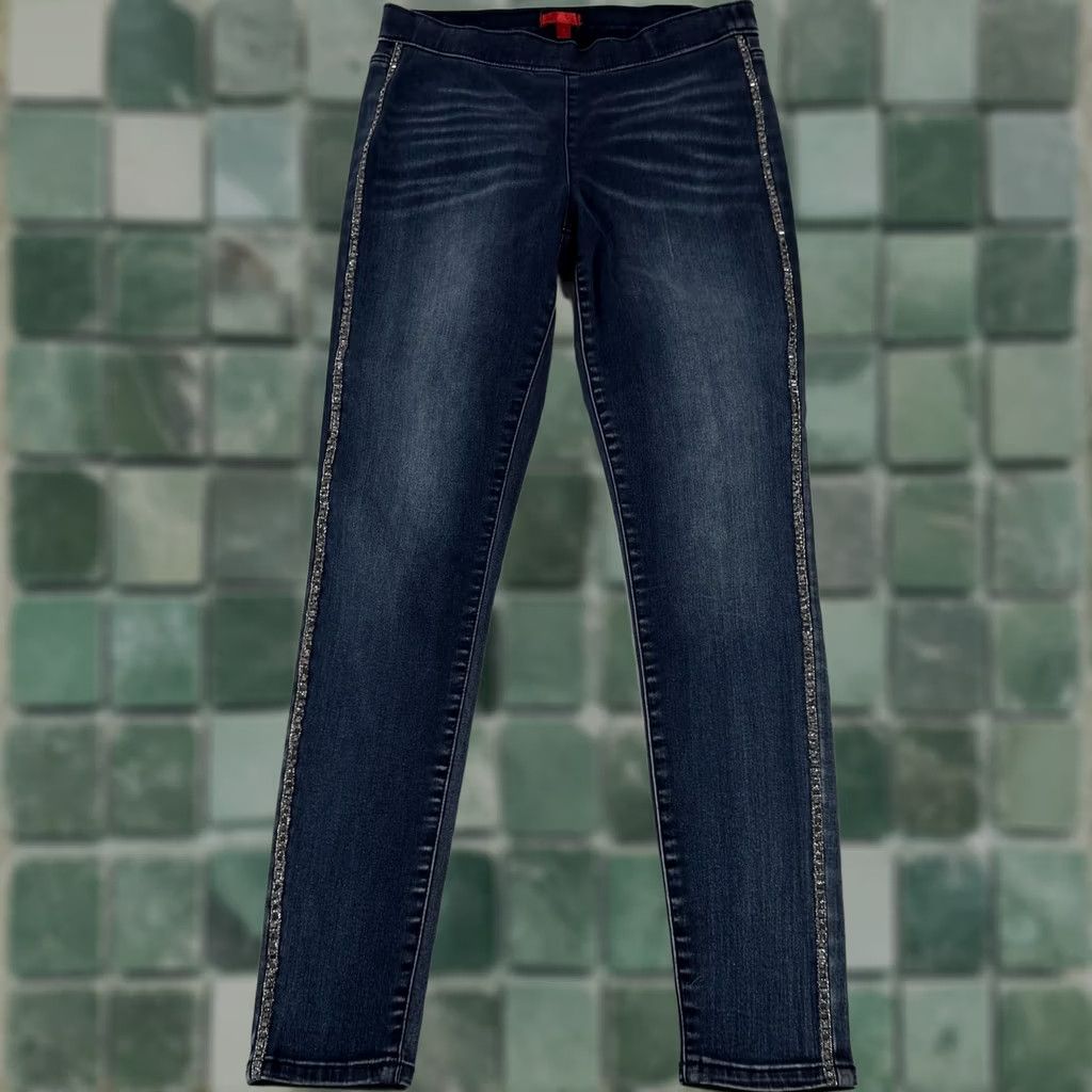 Denime Jennifer Lopez Skinny Denim Jeans 6 Blue Dark Wash Pull On Side Stripe Rhinestone Elastic Waist Womens Jeans Slim Jegging Size 28" / US 6 / IT 42 - 1 Thumbnail