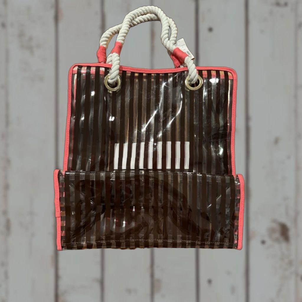 Henri Bendel VINTAGE Henri Bendel Tote Bag Womens Canvas Trimmed Tote Pink Brown White Stripe Medium Size ONE SIZE - 1 Thumbnail