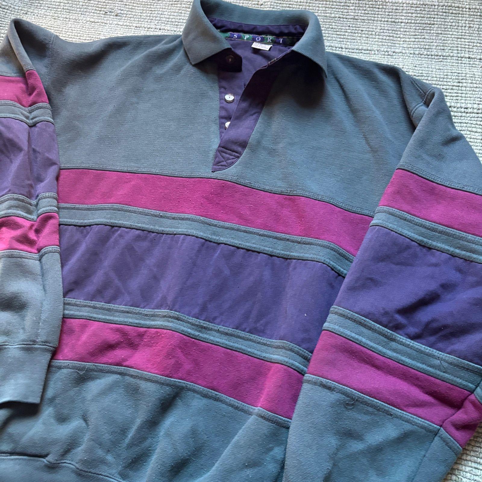 Vintage Vintage basic three tone striped collared sweatshirt Size US L / EU 52-54 / 3 - 6 Thumbnail