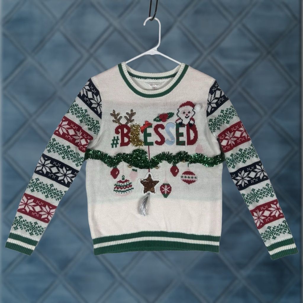 Vintage Ugly Christmas Sweater Girls Juniors M Blessed Holiday Casual White Graphic Print Long Sleeve Crew Neck Pullover Knit Size M / US 6-8 / IT 42-44 - 1 Thumbnail