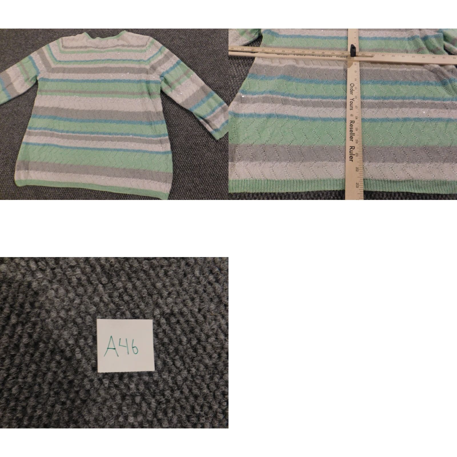 Alfred Dunner Sweater Womens XL Green Striped Pullover Crew Neck Knit Cap Sleeve Casual Regular Modern Knit Polyester Button Vintage No