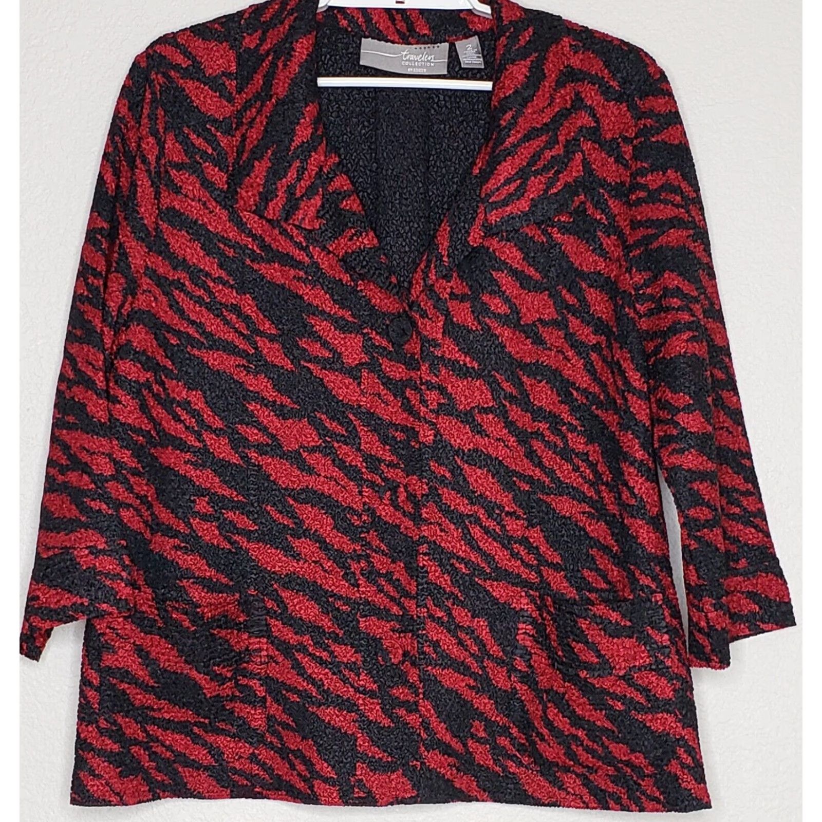 Vintage Chico’s Travelers Blazer Women Blazer 12 Red Leopard Print Collared Button Front 3/4 Sleeves Pockets Lightweight Size XL / US 12-14 / IT 48-50 - 2 Thumbnail