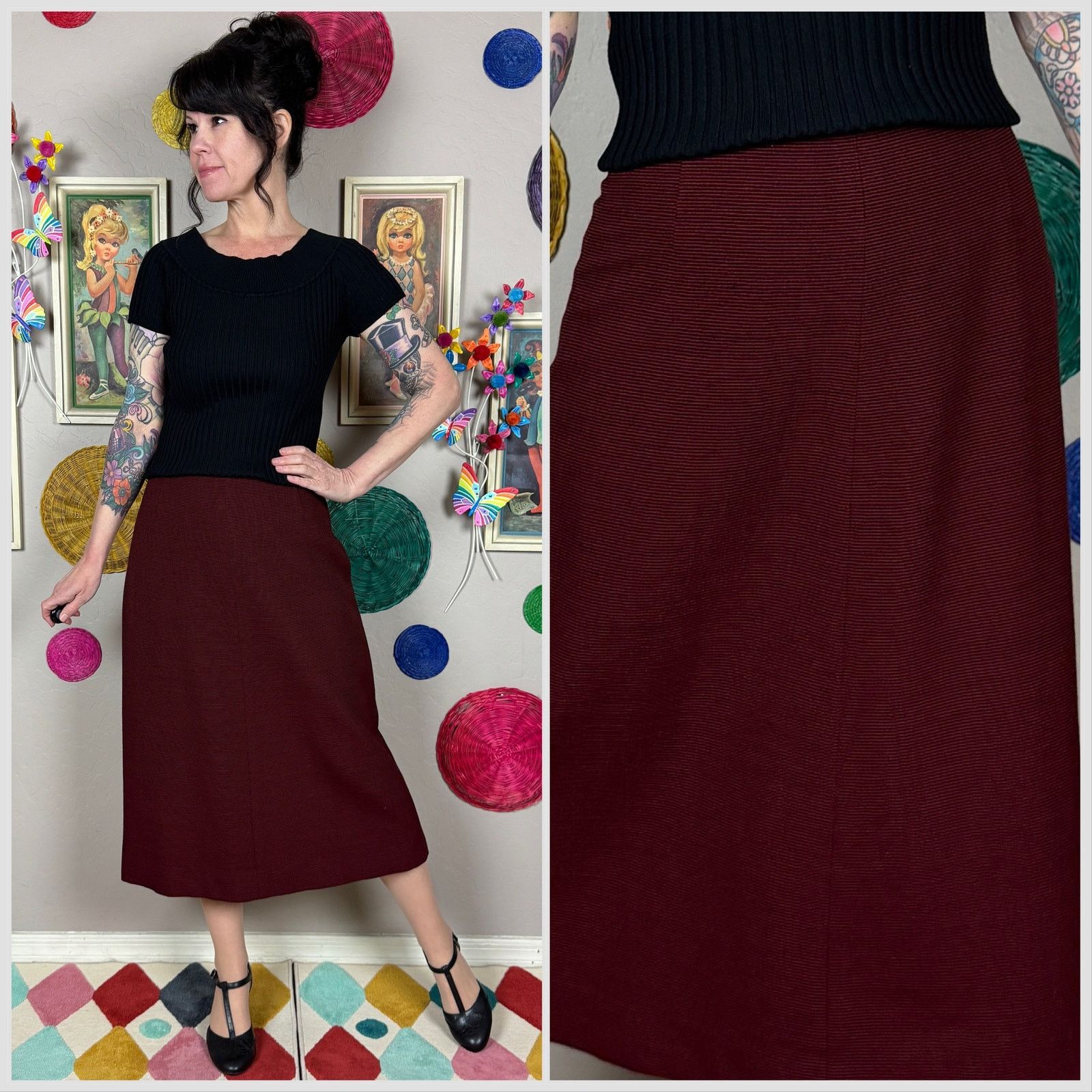 Vintage Vintage 1950s Red and Black Pinstripe A-Line Midi Skirt Size 26" / US 2 / IT 38 - 1 Thumbnail