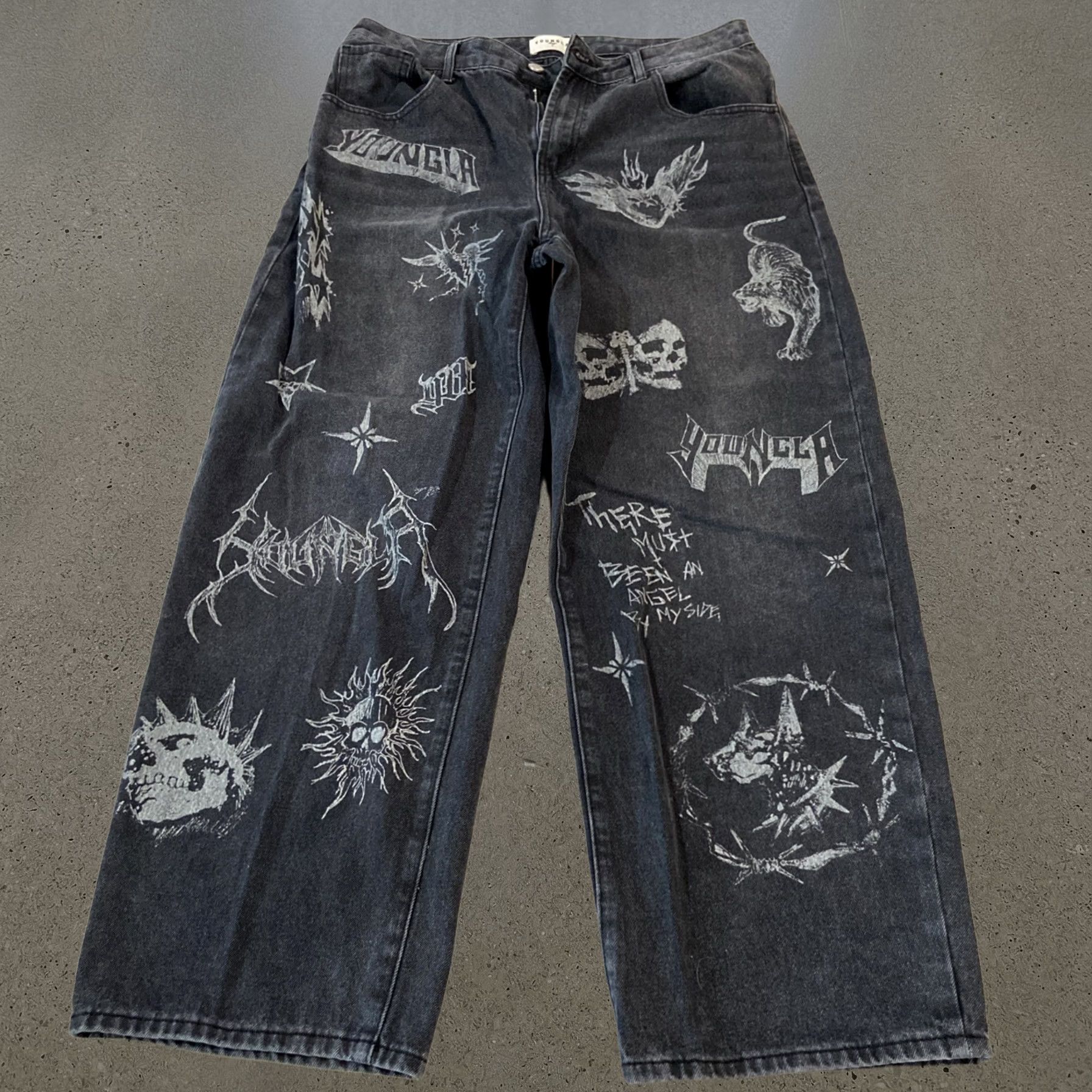 Youngla Jeans Men's Large Black Washed Graphic Baggy Skater 6008, Men's (Size 33)