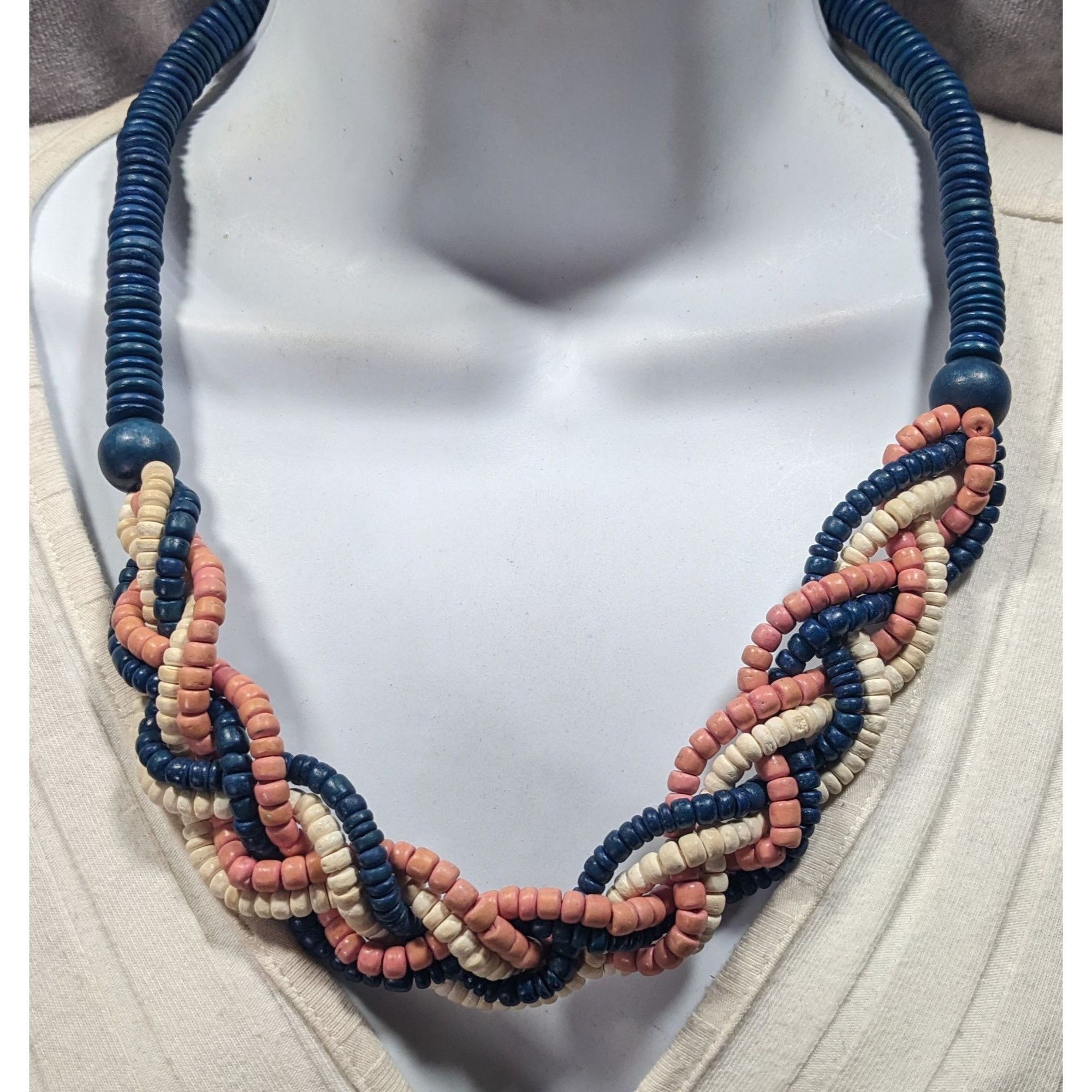 Other Vintage Rustic Blue And Pink Wood Beaded Braided Necklace Size ONE SIZE - 4 Thumbnail