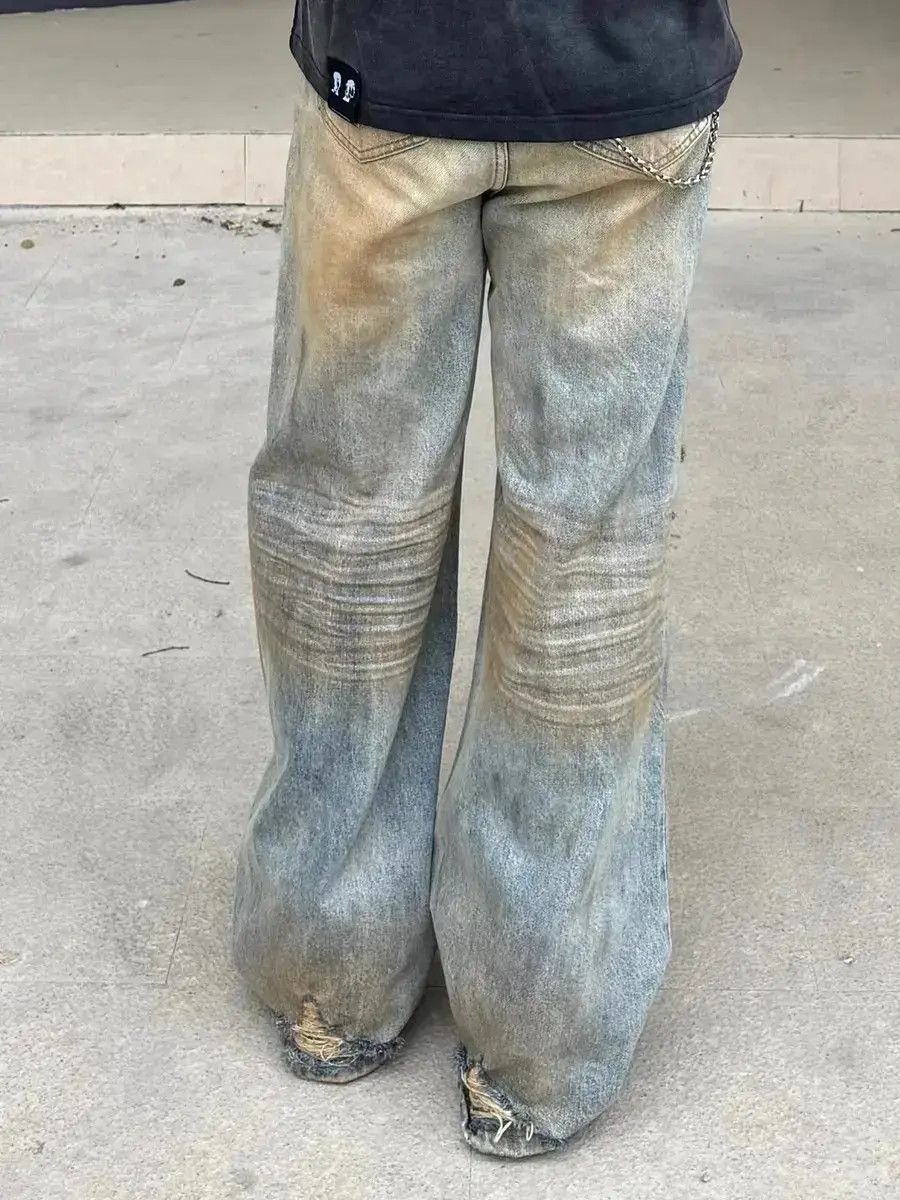 Japanese Brand Retro loose straight leg washed ripped jeans Size US 32 / EU 48 - 6 Thumbnail
