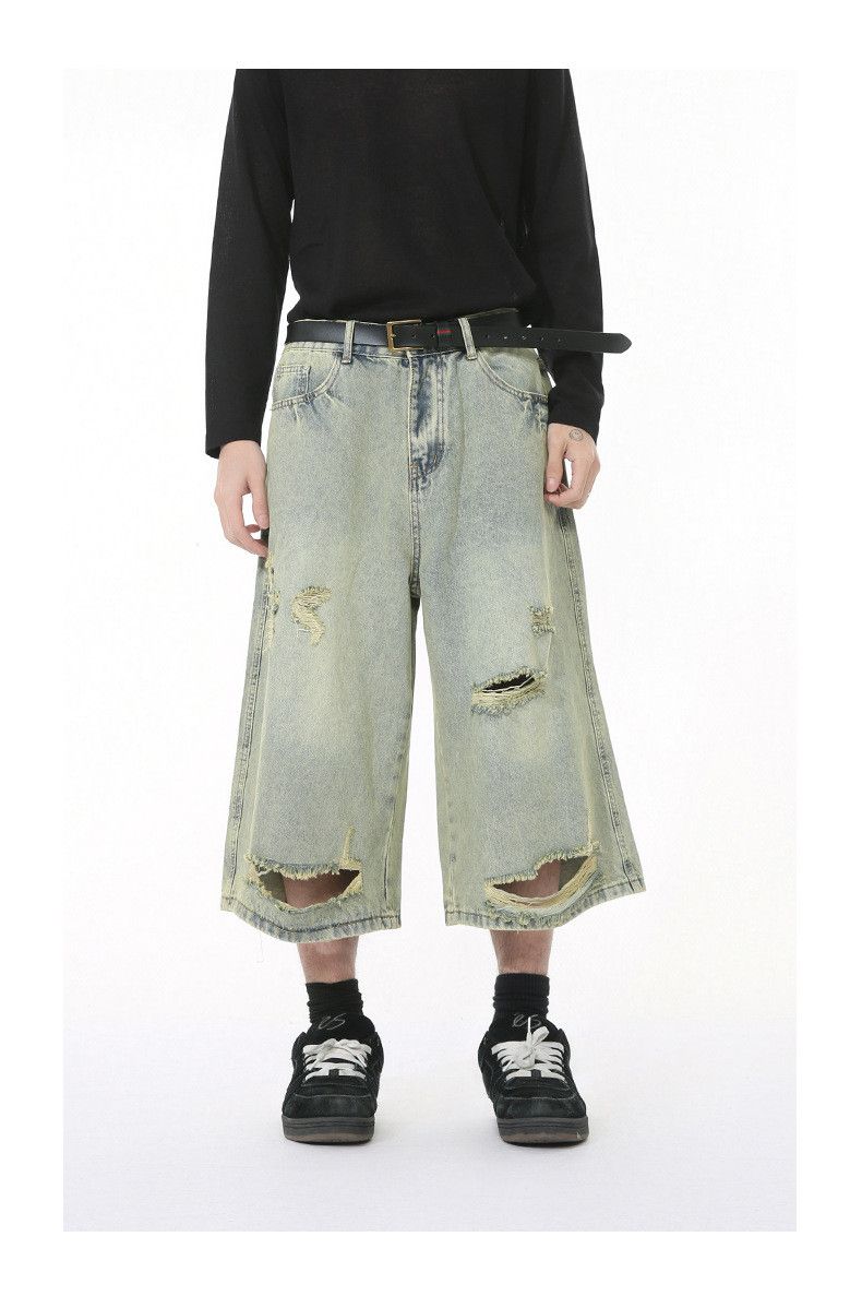 Vintage Men's Street Distressed Denim Shorts with Irregular Rips Size US 32 / EU 48 - 1 Thumbnail